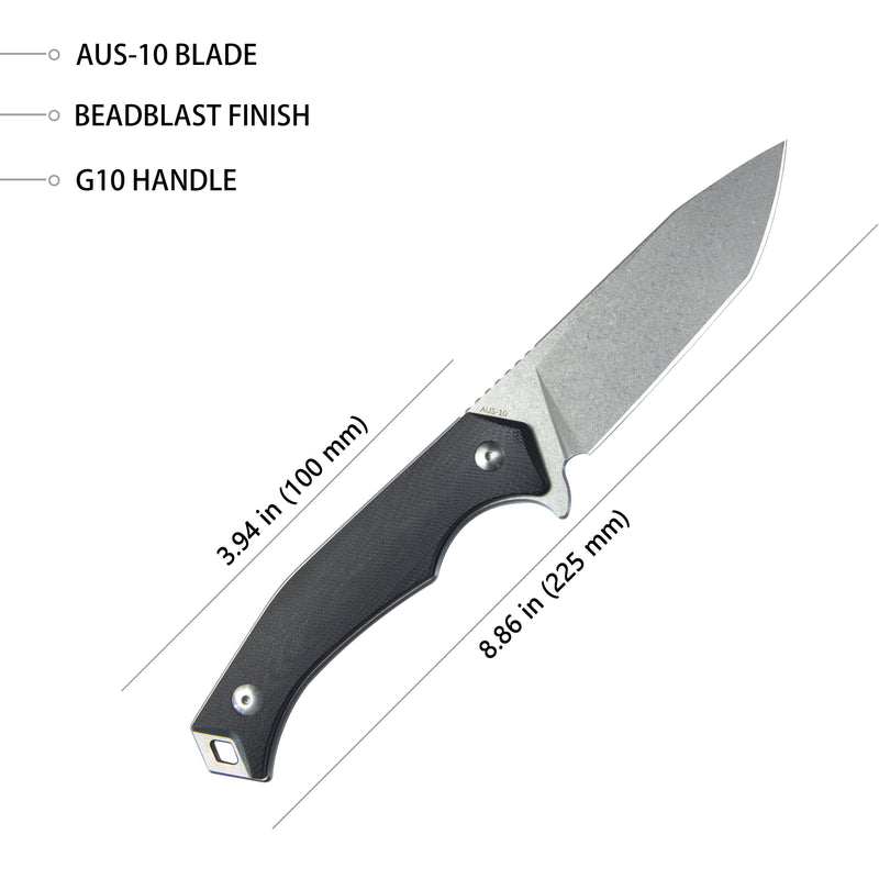 Swordfish Outdoor Gear Fixed Blade Knife Black G10 Handle 4.1" Stonewash AUS-10 KU184E