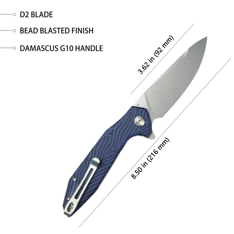 Nova Liner Lock Flipper Folding Pocket Knife Blue Black Damascus G10 Handle Beadblasted D2 KU117J