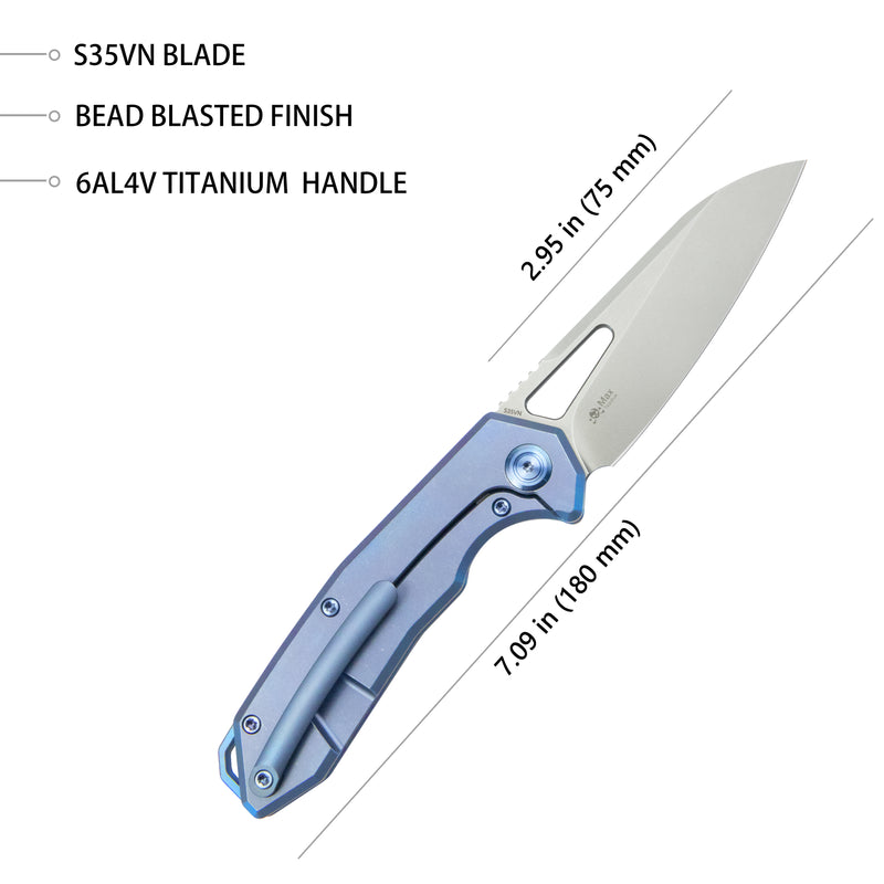 Vagrant Frame Lock Folding Pocket Knife Blue 6AL4V Titanium Handle 2.95" Bead Blasted CPM-S35VN KB284G
