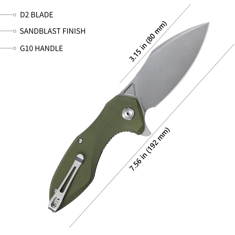 Nobel Nest Liner Lock Folding Knife Green G10 Handle 3.15" Bead Blasted D2 KU236B