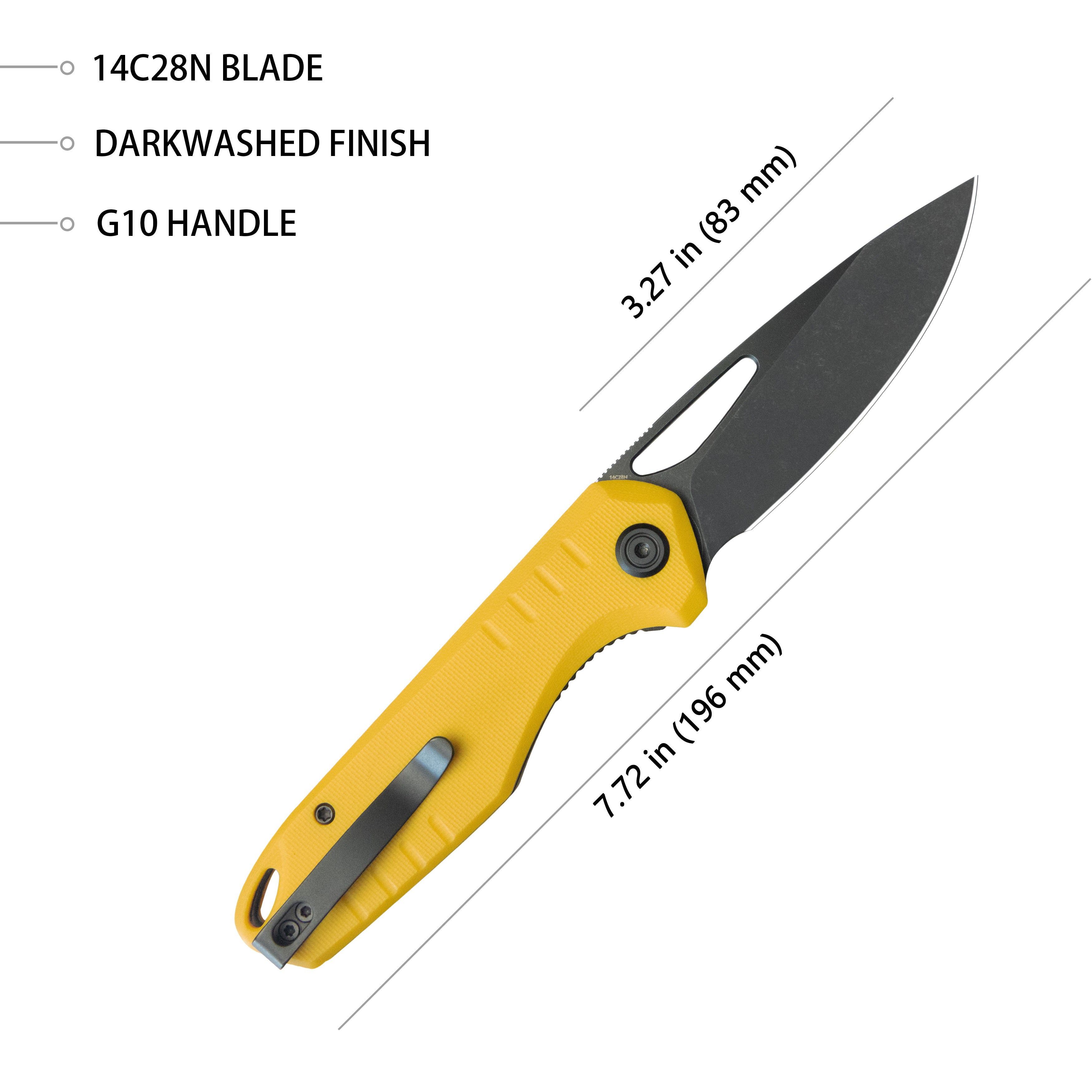 Doris Liner Lock Front Flipper Folding Knife Yellow G10 Handle 3.27" Blackwash Finish 14C28N KU324G