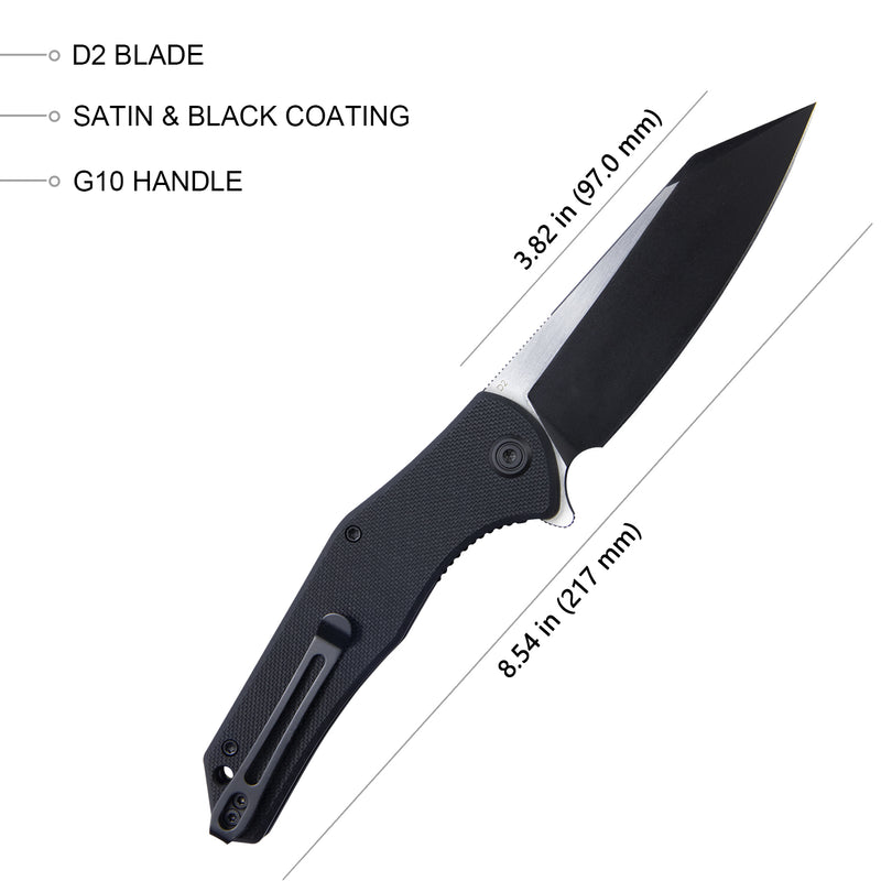 Flash Liner Lock Flipper Folding Knife Black G10 Handle 3.82" Brush and Black Coating D2 KU158C