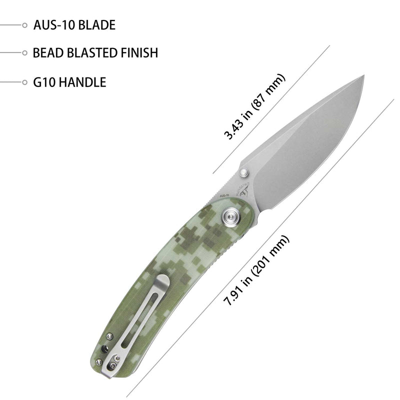 Momentum Sherif Manganas Design Liner Lock Front Flipper / Dual Studs Open Folding Knife Digtal Camo G10 Handle 3.43" Bead Blasted AUS-10 KU344K