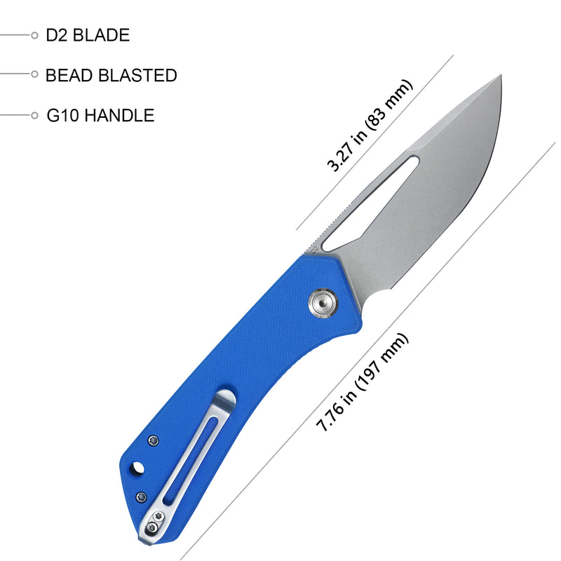 Thalia Front Flipper EDC Pocket Folding Knife Blue G10 Handle 3.27" Bead Blasted D2 KU331B