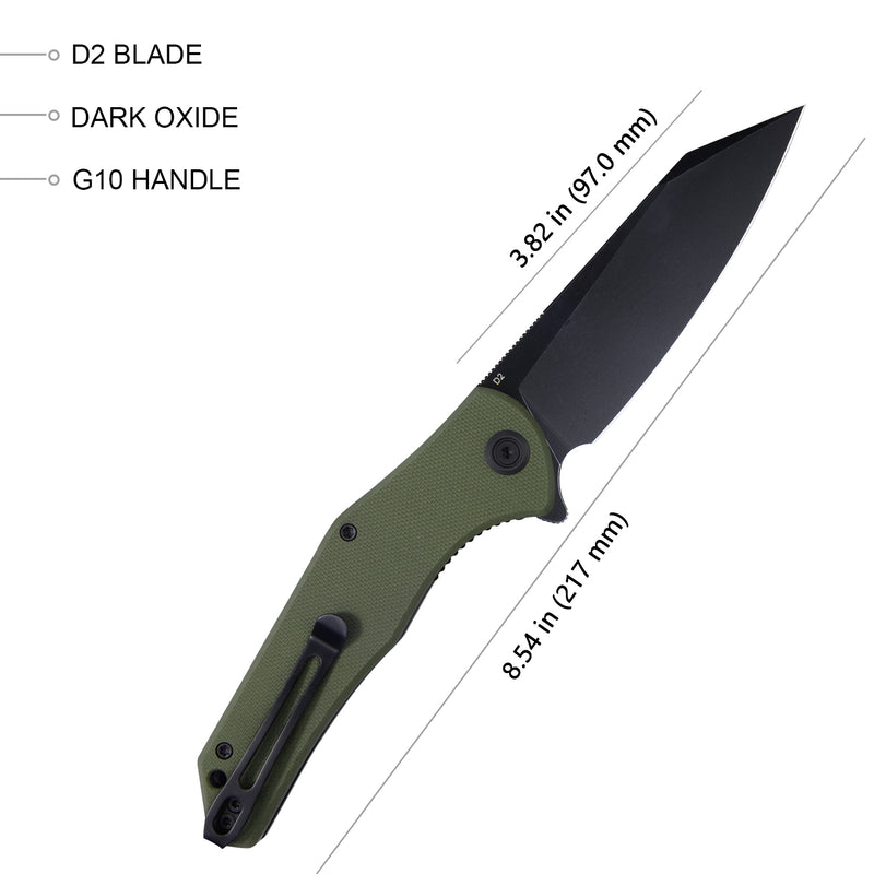 Flash Liner Lock Flipper Folding Knife Green G10 Handle 3.82" Blackwash D2 KU158B