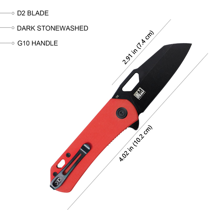 Duroc Liner Lock Flipper Folding Knife Red G10 Handle 2.91" Dark Stonewashed D2 KU332C