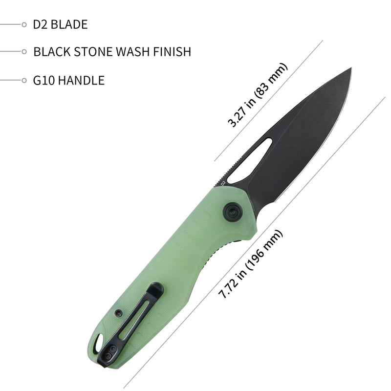 Doris Liner Lock Front Flipper Folding Knife Jade G10 Handle 3.27" Darkwashed D2 KU324B