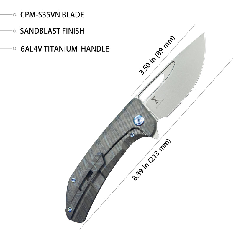 Hyperion Frame Lock Flipper Knife Flame Titanium Handle w/ Micro Milling Lines 3.5" Sandblast CPM-S35VN KB368I
