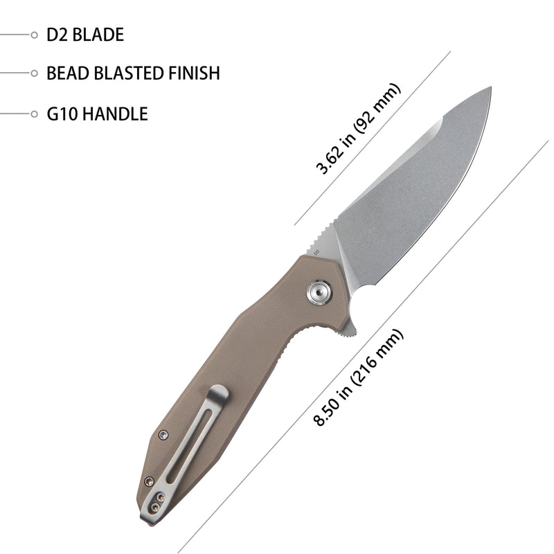 Nova Liner Lock Flipper Folding Pocket Knife Tan G10 Handle Beadblasted D2 KU117I