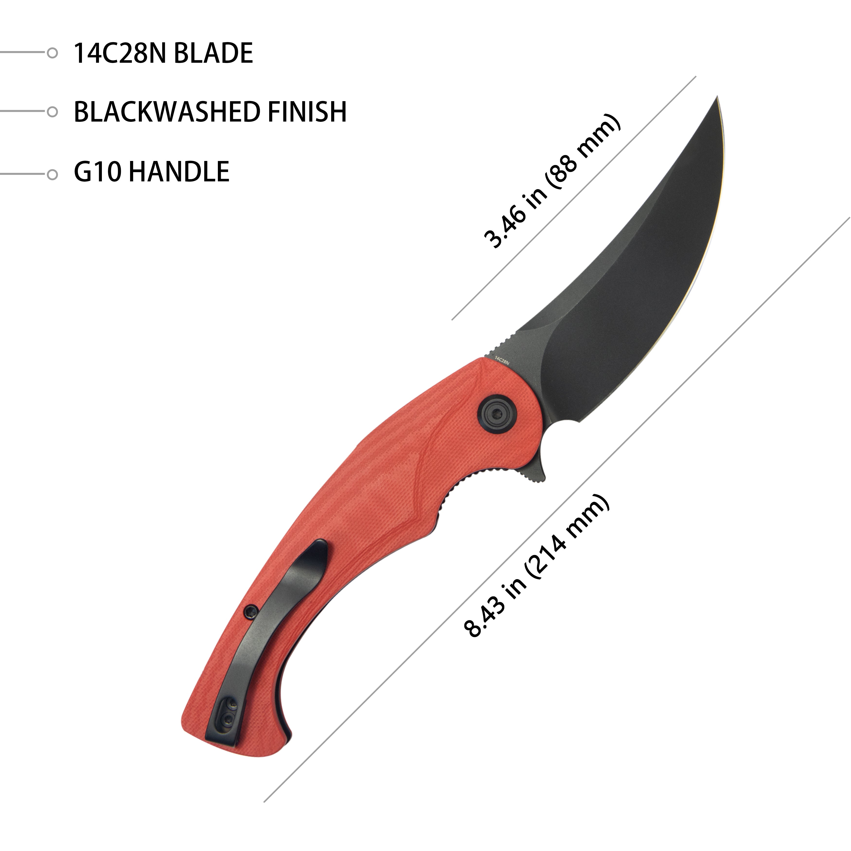 Scimitar Liner Lock Folding Knife Red G10 Handle 3.46" Blackwash 14C28N KU173O