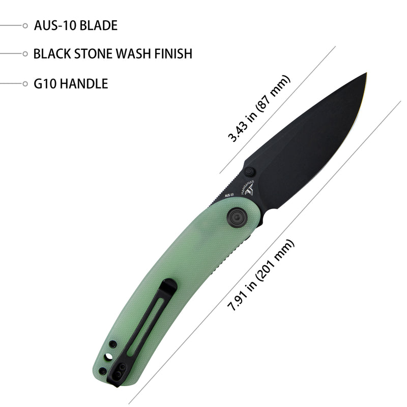 Momentum Sherif Manganas Design Liner Lock Front Flipper / Dual Studs Open Folding Knife Jade G10 Handle 3.43" Dark Stonewashed AUS-10 KU344J