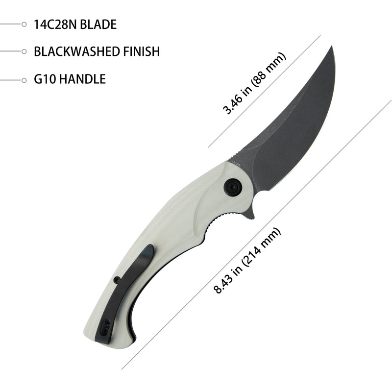 Scimitar Liner Lock Folding Knife White G10 Handle 3.46" Blackwash 14C28N KU173J