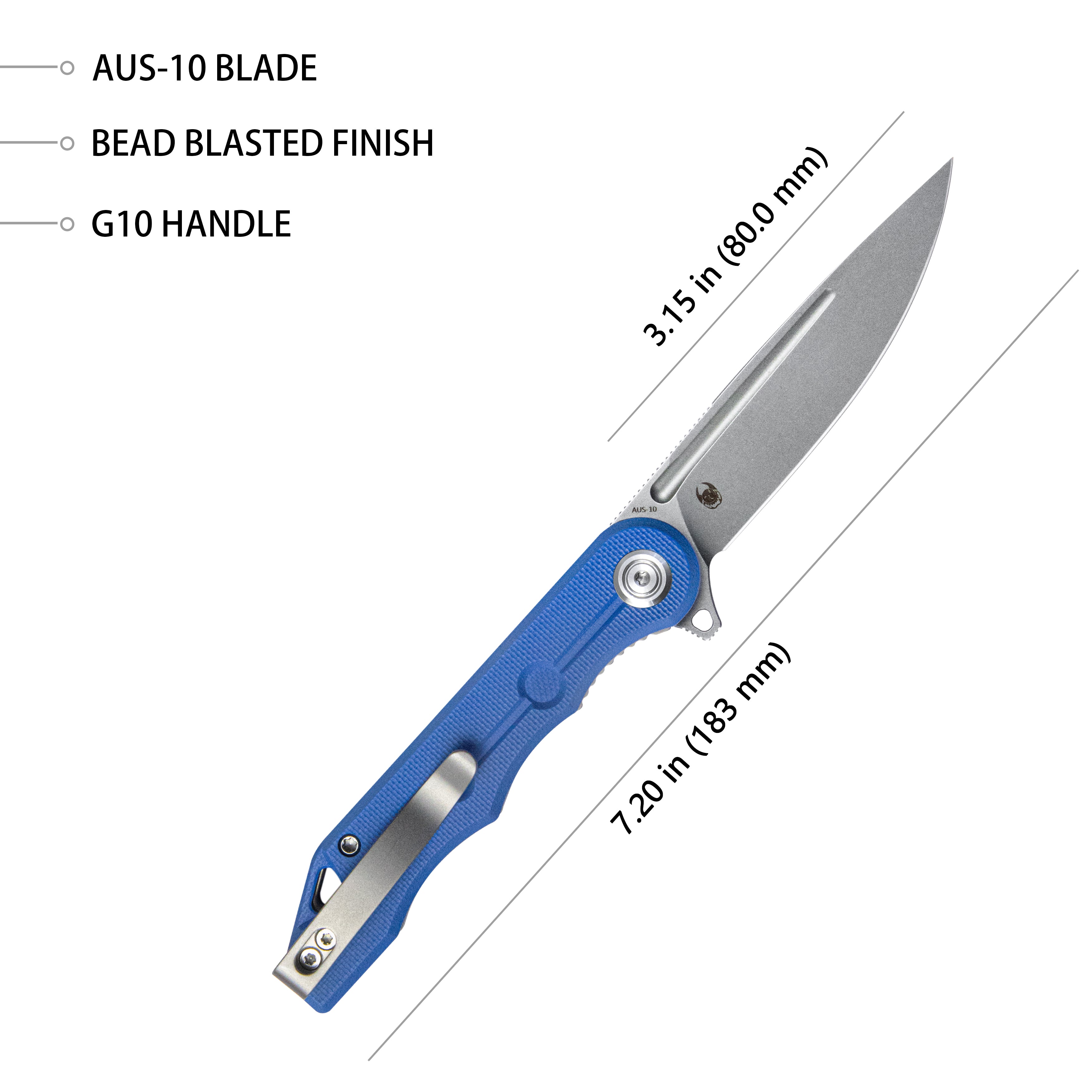 Mizo Liner Lock Flipper Folding Knife Blue G10 Handle 3.15" Bead Blast AUS-10 KU312J