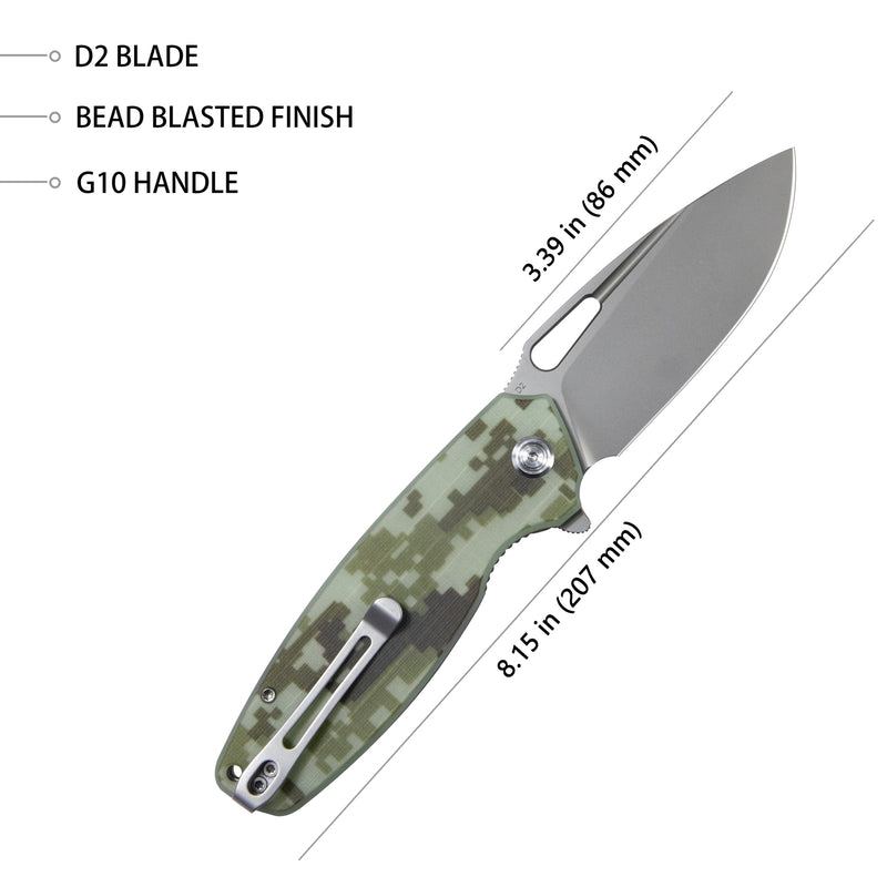 Tityus Liner Lock Flipper Folding Knife Camo G10 Handle 3.39" Bead Blasted D2 KU322K