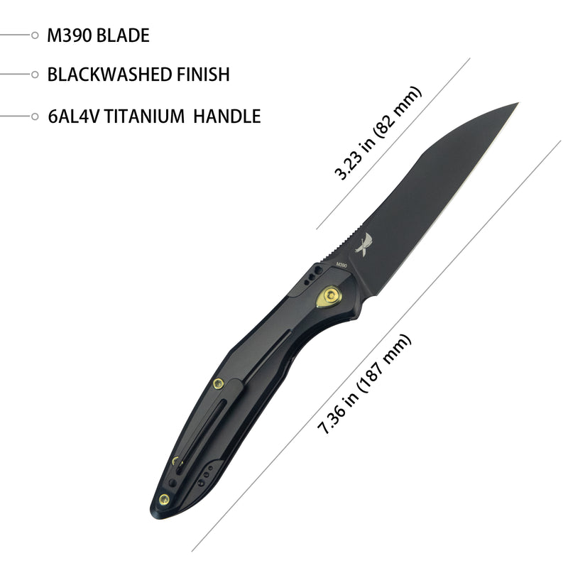 Barracuda Liner Lock Front Flipper Folding Knife Titanium Handle 3.38" Blackwash M390 KB299B