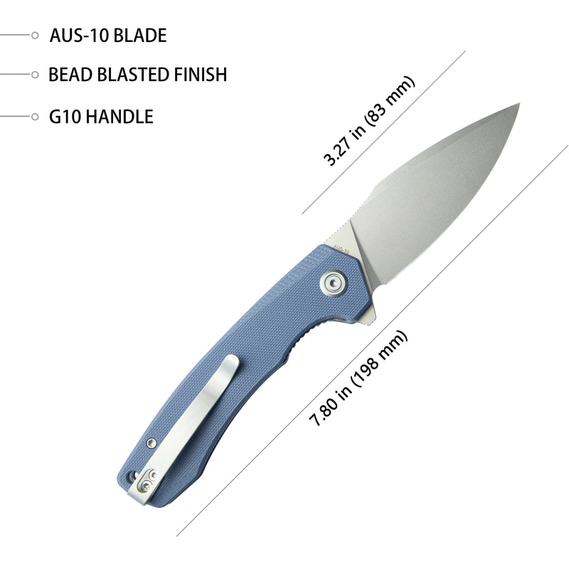 Calyce Liner Lock Flipper Folding Knife Blue G10 Handle 3.27" Bead Blasted AUS-10 KU901M