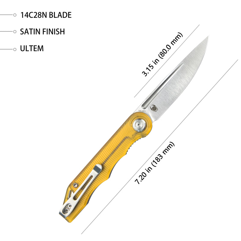 Mizo Liner Lock Front Flipper Folding Knife Ultem Handle 3.15" Satin 14C28N KU2101G