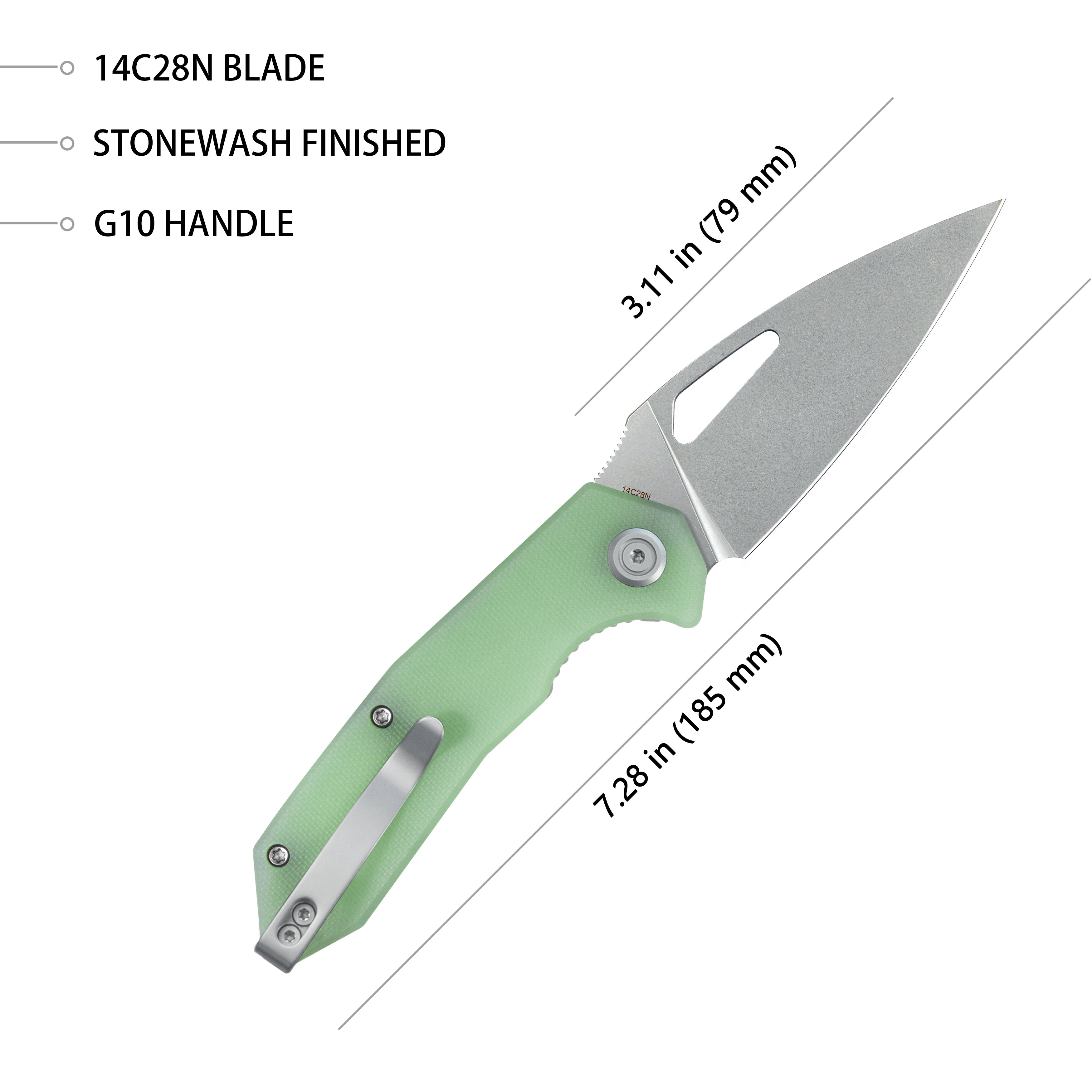 Coeus Liner Lock Thumb Open Folding Knife Jade G10 Handle EDC knives 3.11" Stonewash 14C28N KU122V