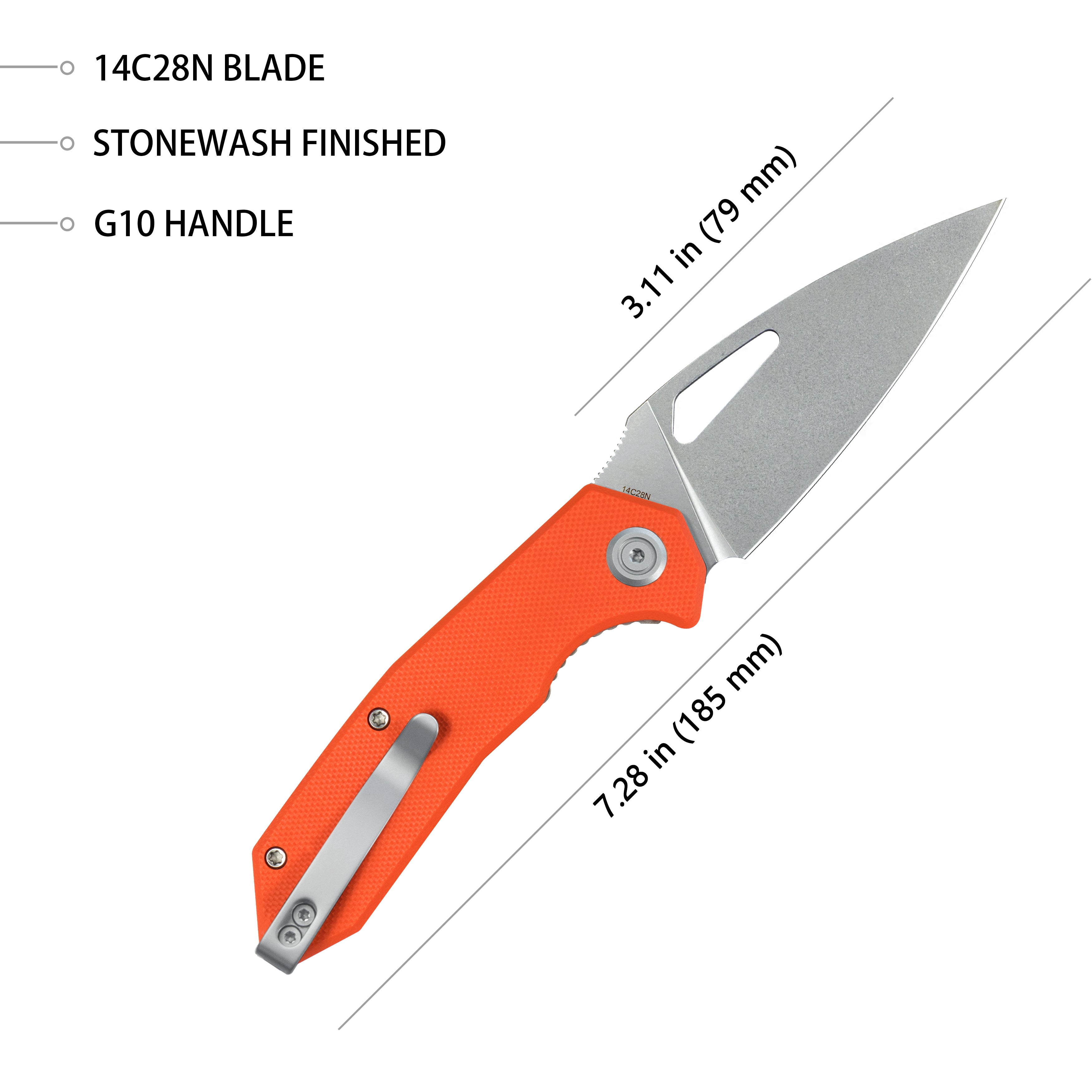 Coeus Liner Lock Thumb Open Folding Knife Orange G10 Handle EDC knives 3.11" Stonewash 14C28N KU122W