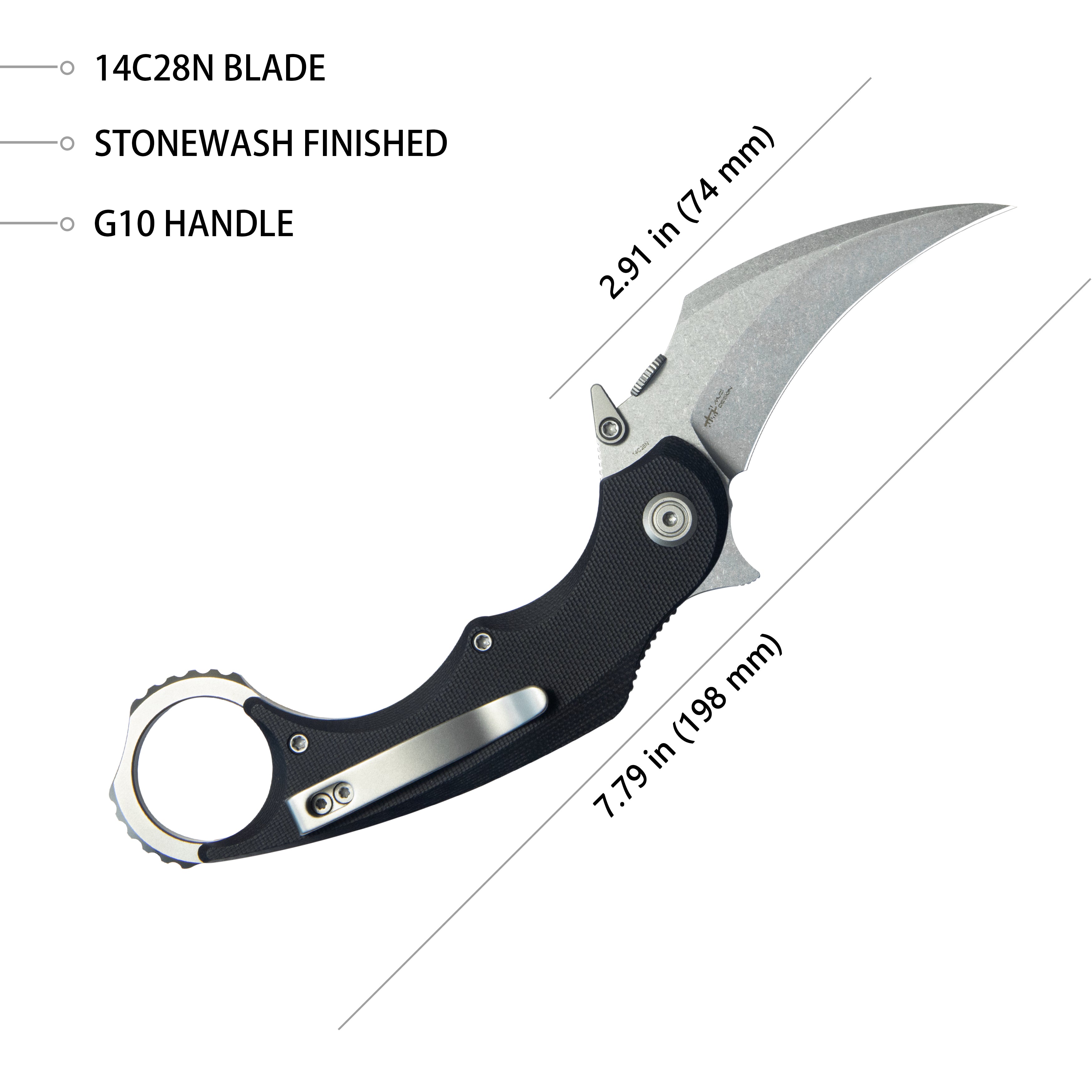 Rogue Recurve Karambit Folding Knife Black G10 Handle 2.91" Stonewash 14C28N Blade KU298A