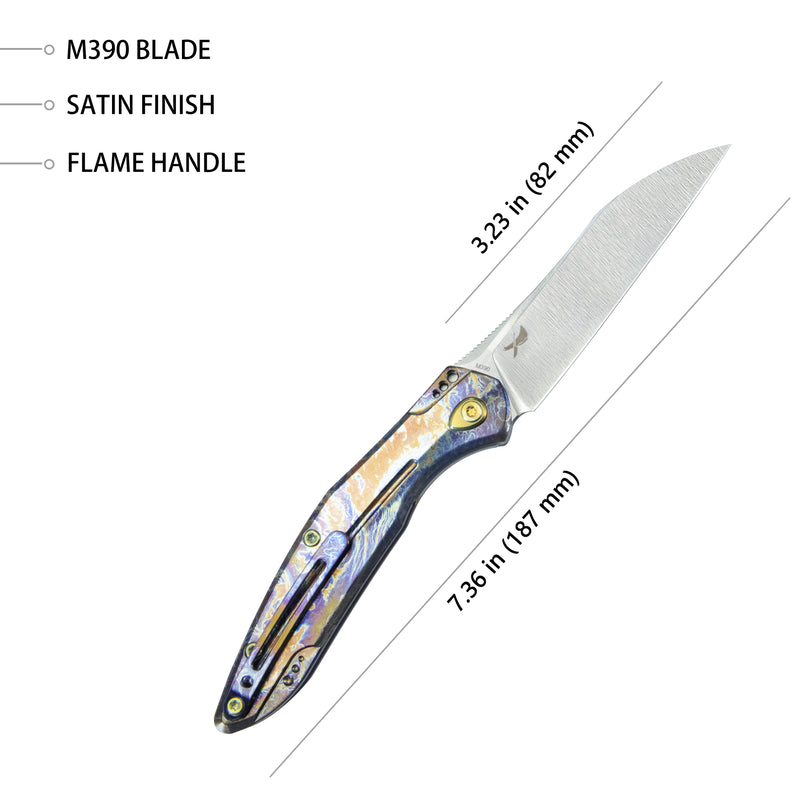 Barracuda Liner Lock Front Flipper Folding Knife Colorful Flame Titanium Handle 3.38" Satin M390 KB299E