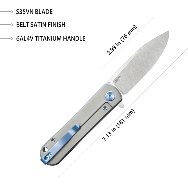 NEO Flipper Folding Pocket Knife Grey Titanium Handle 2.99" Belt Satin S35VN Blade KB359A