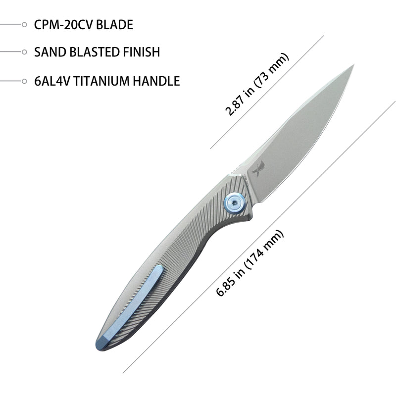 Pike Liner Lock Folding Knife Gray CPM-20CV Titanium Handle 2.87" Sand Blasted 6AL4V Titanium  KB2103A