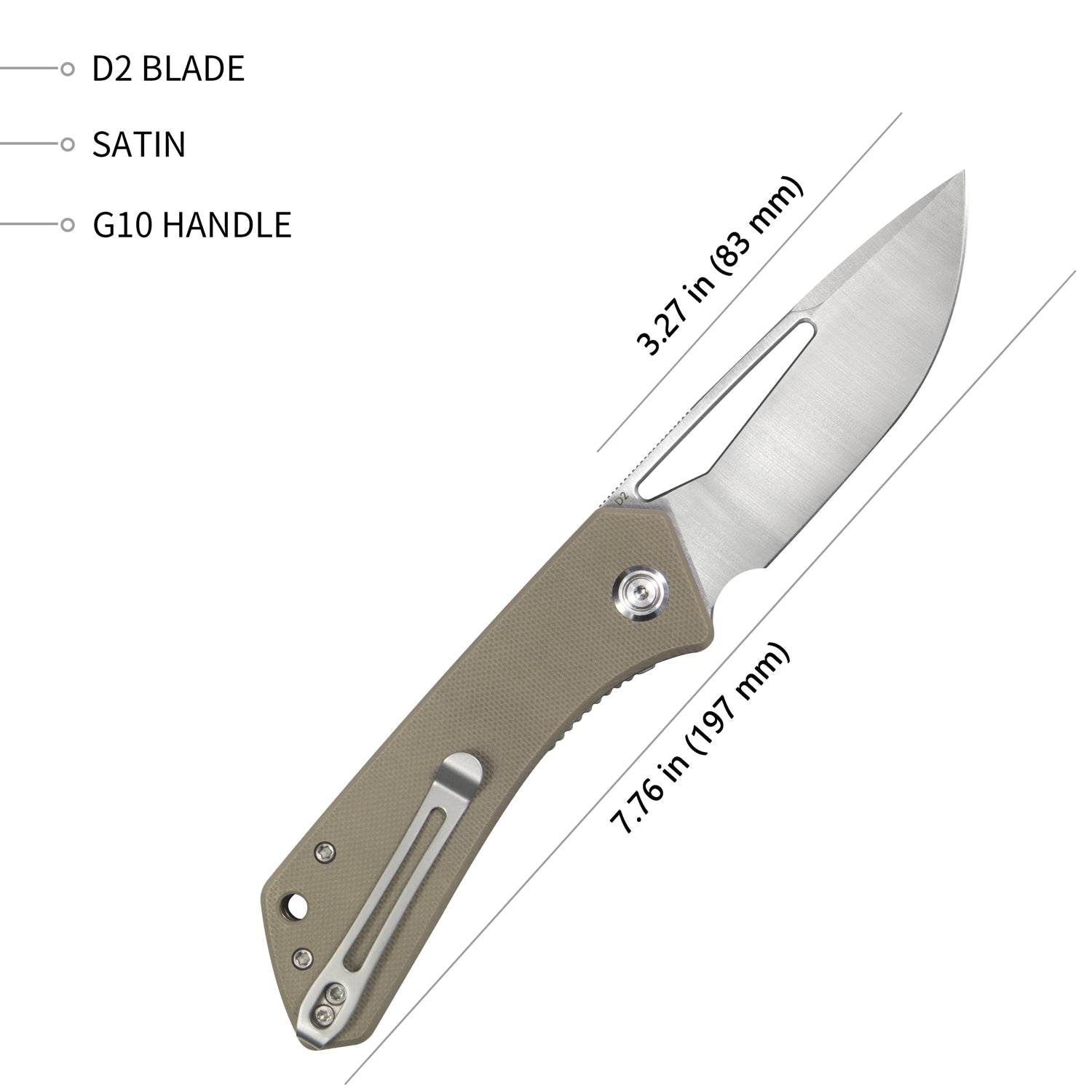 Kubey Thalia Klappmesser Front Flipper EDC Pocket Folding Knife Tan G10 Handle 3.27" Satin D2 KU331F