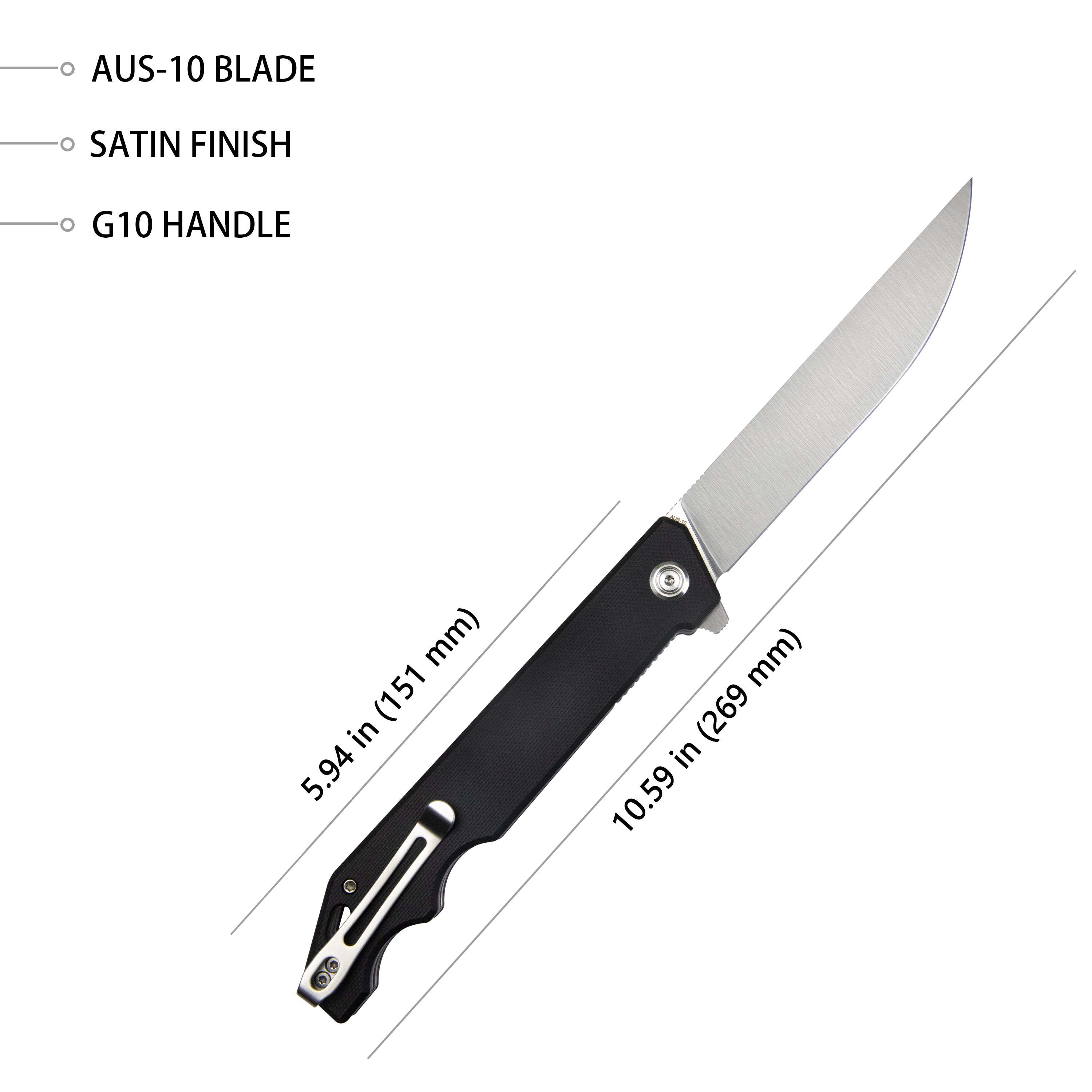 Kubey Pylades Klappmesser Liner Lock Flipper Folding Knife Black G10 Handle 4.65" Satin AUS-10 KU253A