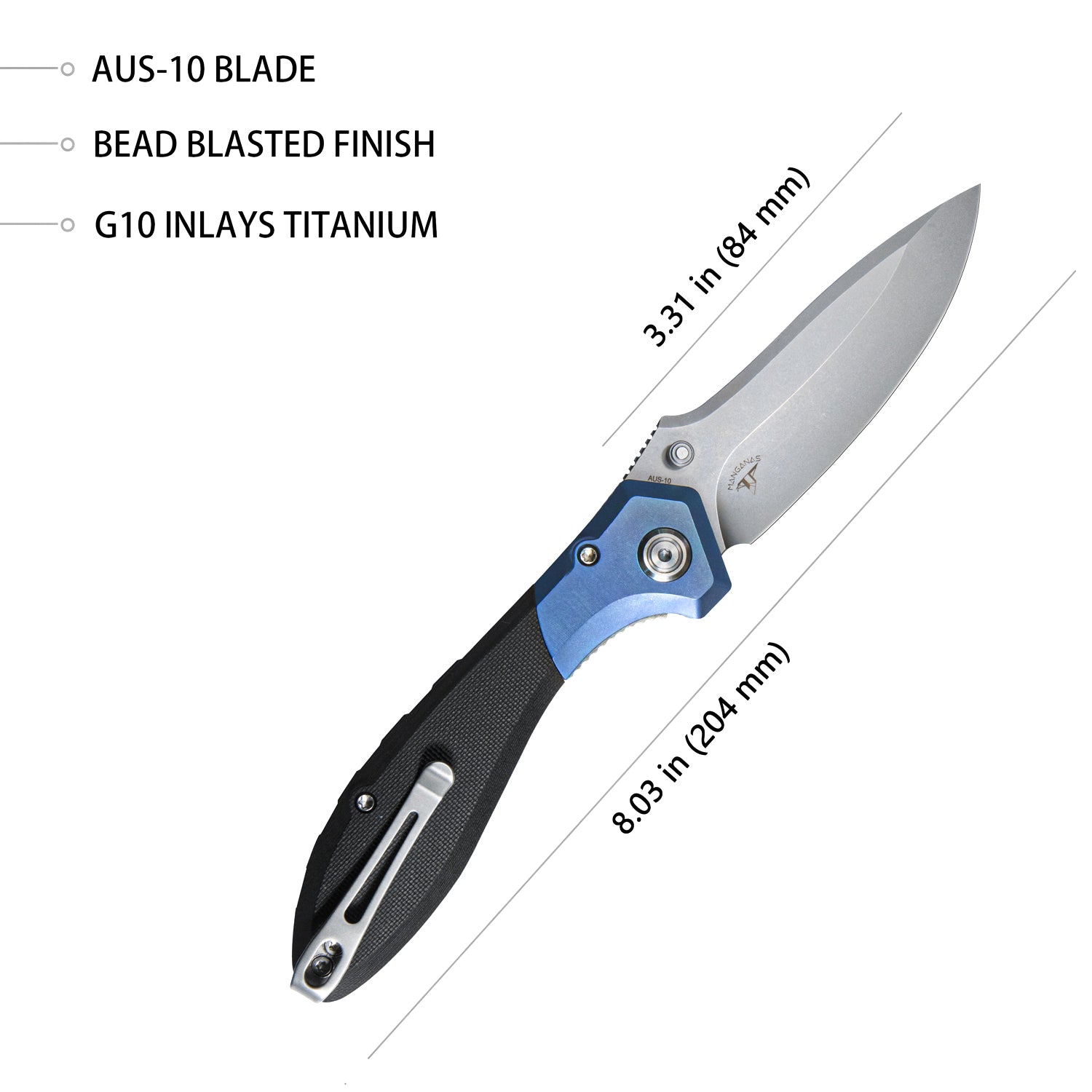 Ruckus Liner Lock Folding Knife Blue Titanium Head and Black G10 Handle 3.31" Bead Blasted AUS-10 KU314A