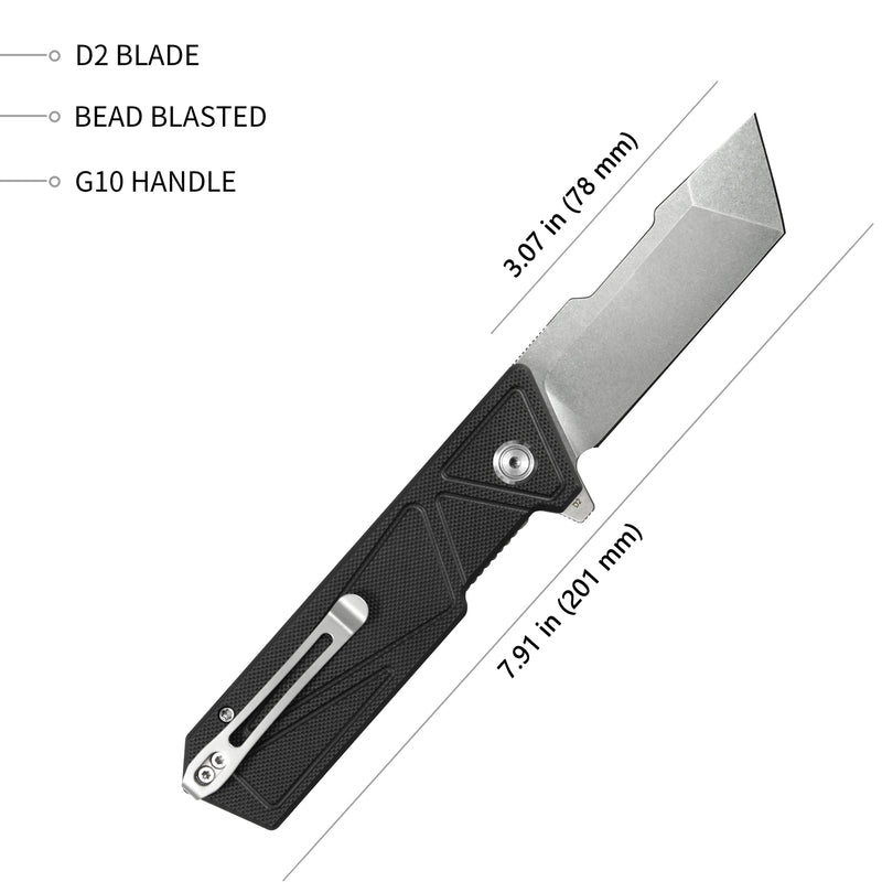 Avenger Outdoor Edc Folding Pocket Knife Black G10 Handle 3.07" Bead Blasted D2 KU104A
