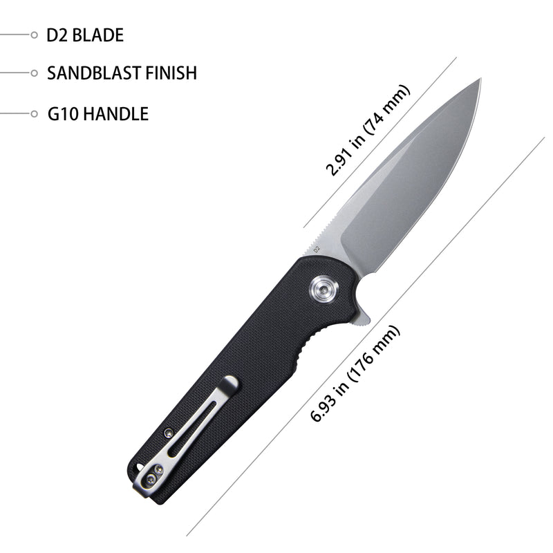 Wolverine Liner Lock Folding Knife Black G10 Handle 2.91" Sand Blasted D2 KU233A