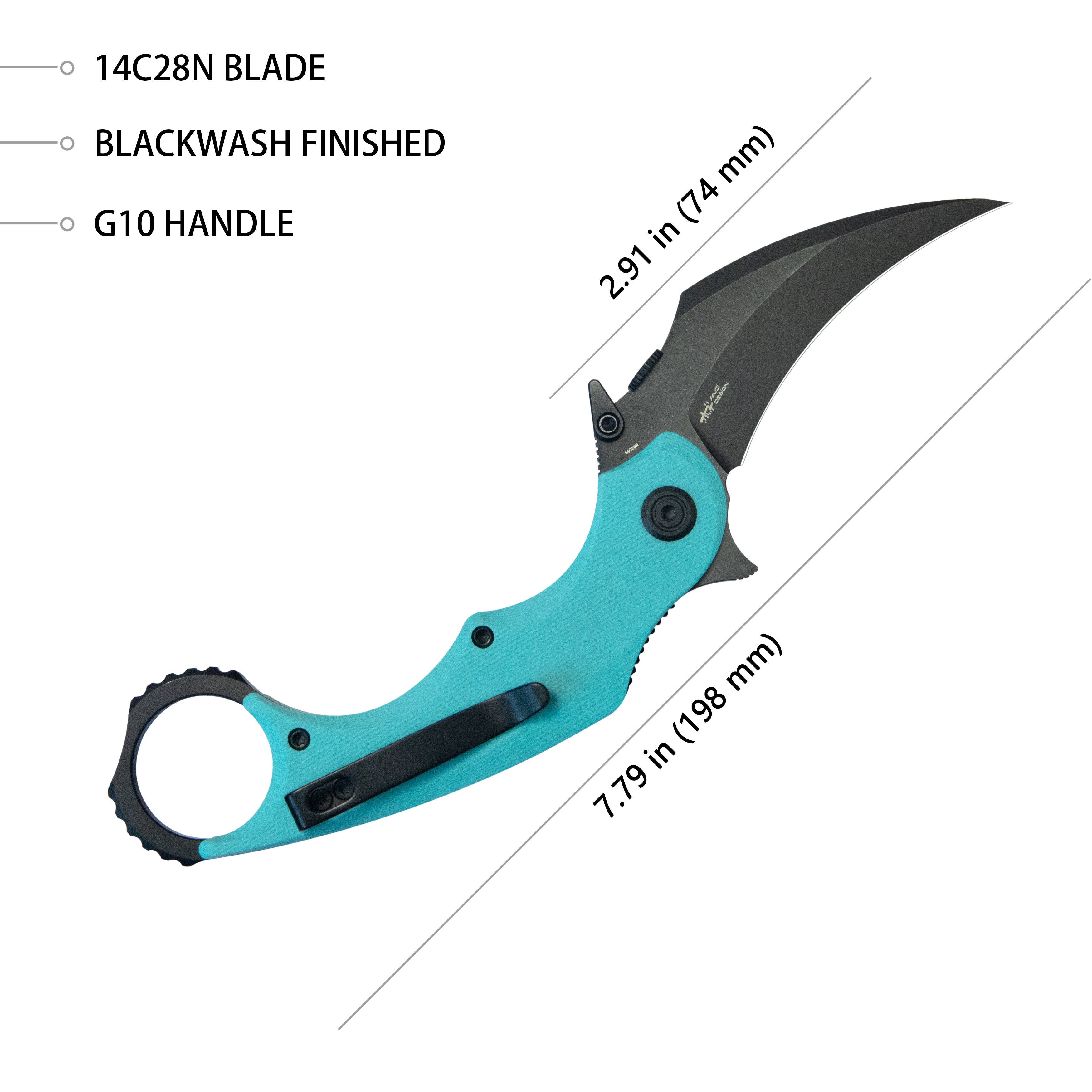 Rogue Pikal Karambit Folding Knife Tiffany Blue G10 Handle 2.91" Blackwash 14C28N Blade KU298D