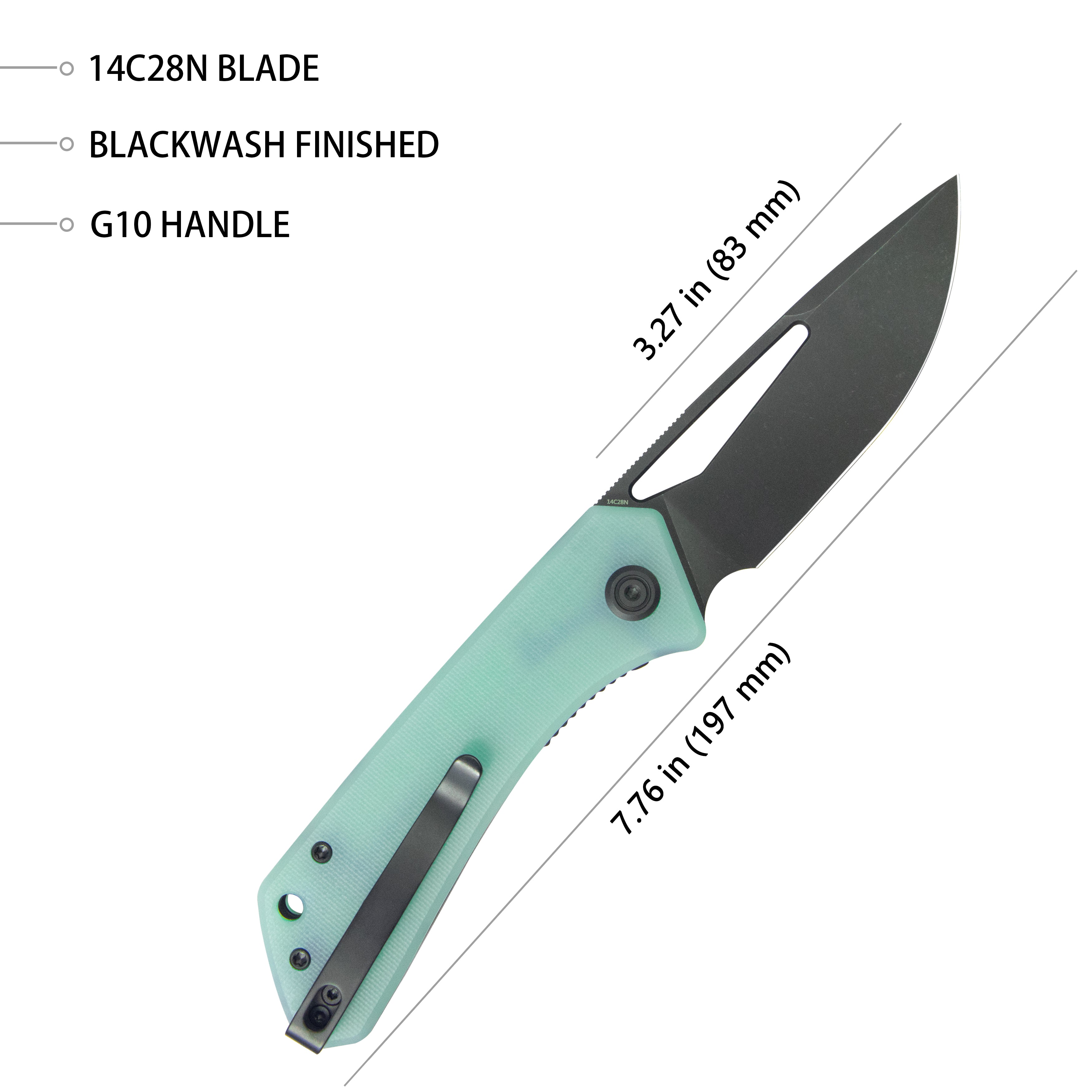 Kubey Thalia Front Flipper EDC Pocket Folding Knife Jade G10 Handle 3.27" Blackwash 14C28N KU331N