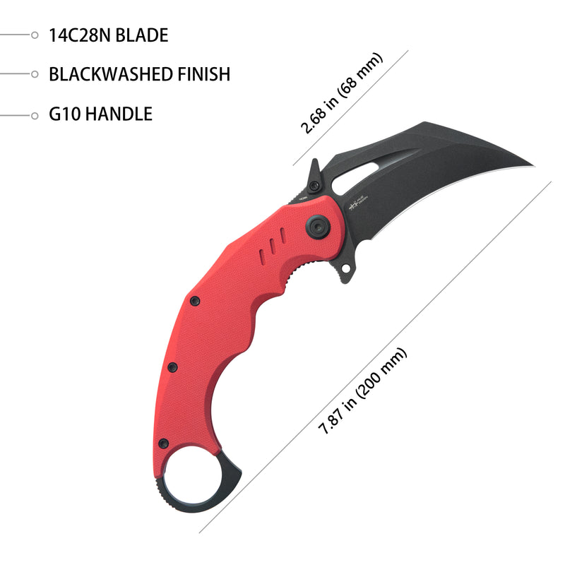 Wrath Karambit Folding Knife Red G-10 Handle 2.68" Blackwash 14C28N Blade KU261H