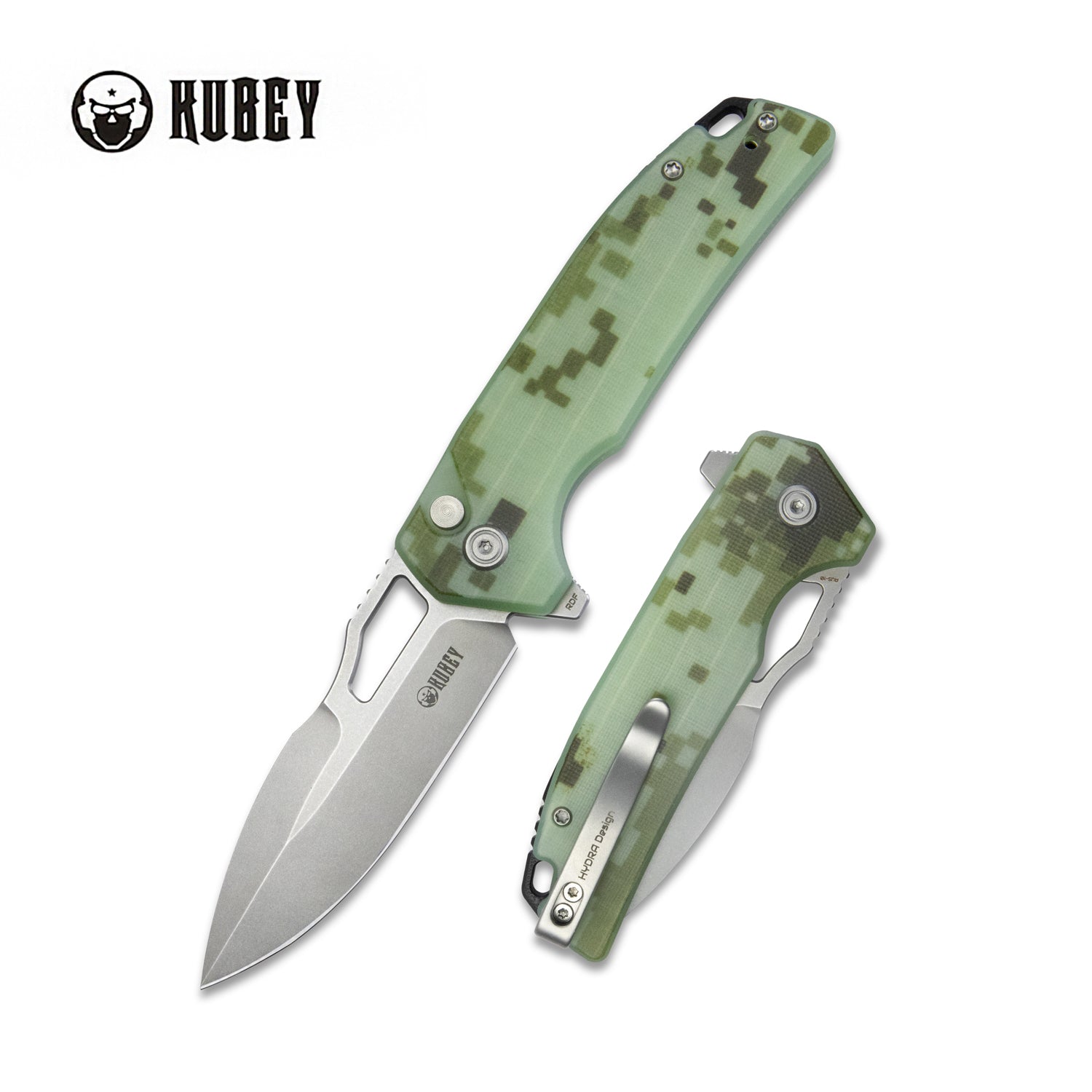 RDF Pocket Knife with Button Lock, Full-Contoured Camo G-10 Handle 3.11" Bead Blasted AUS-10 Blade, Lightweight Hydra Designed Folding Knife for EDC KU316C