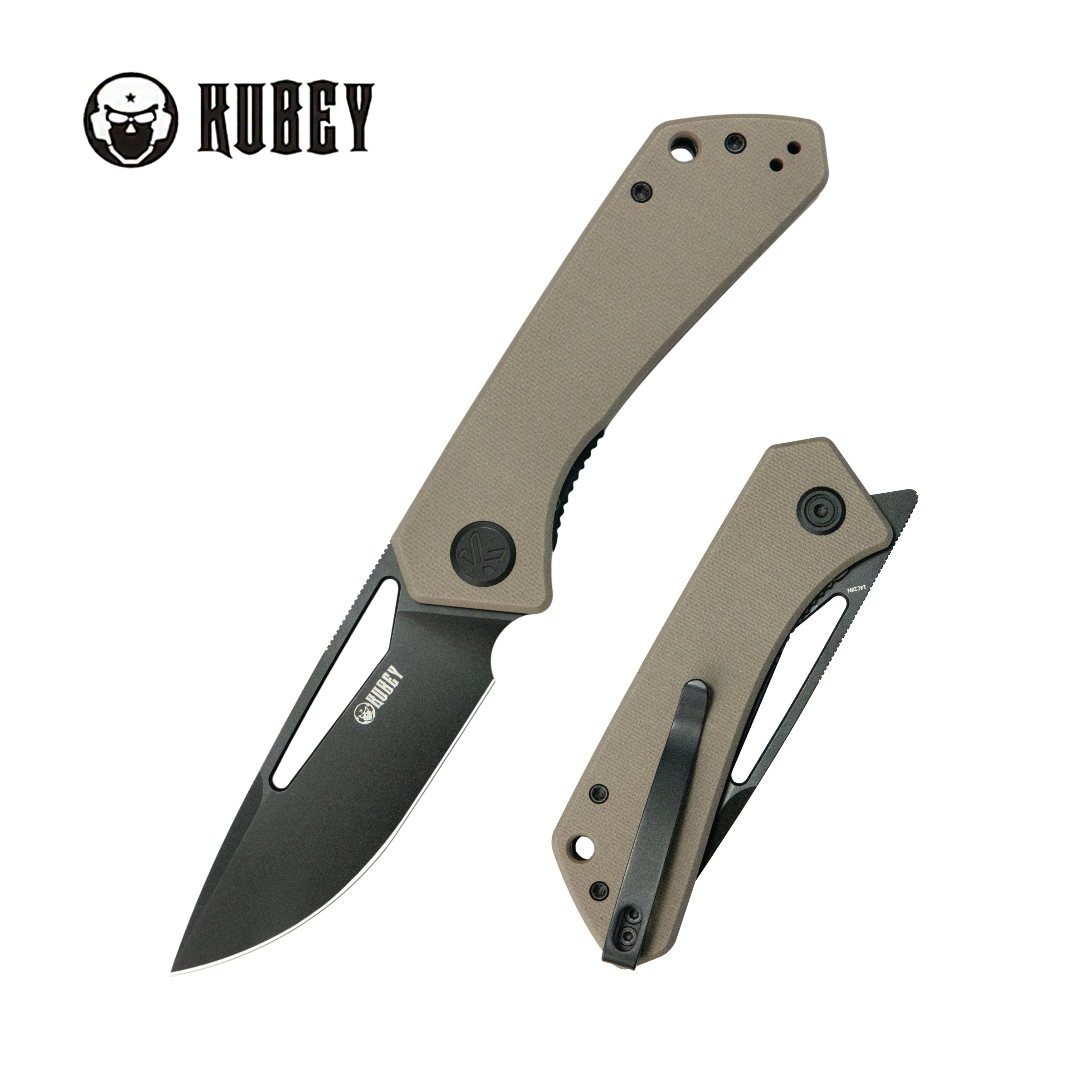 Kubey Thalia Front Flipper EDC Pocket Folding Knife Tan G10 Handle 3.27" Blackwash 14C28N KU331U