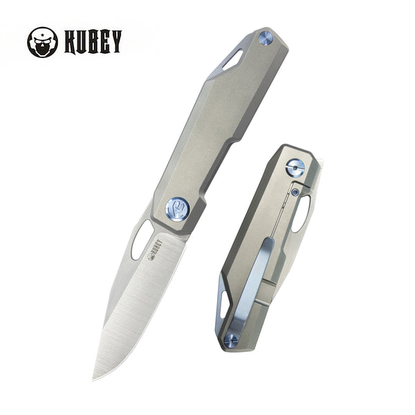 Verijero Fronter Flipper Pocket Folding Knife Grey 6AL4V Titanium Handle 3.35" Belt Satin 14C28N KB340A