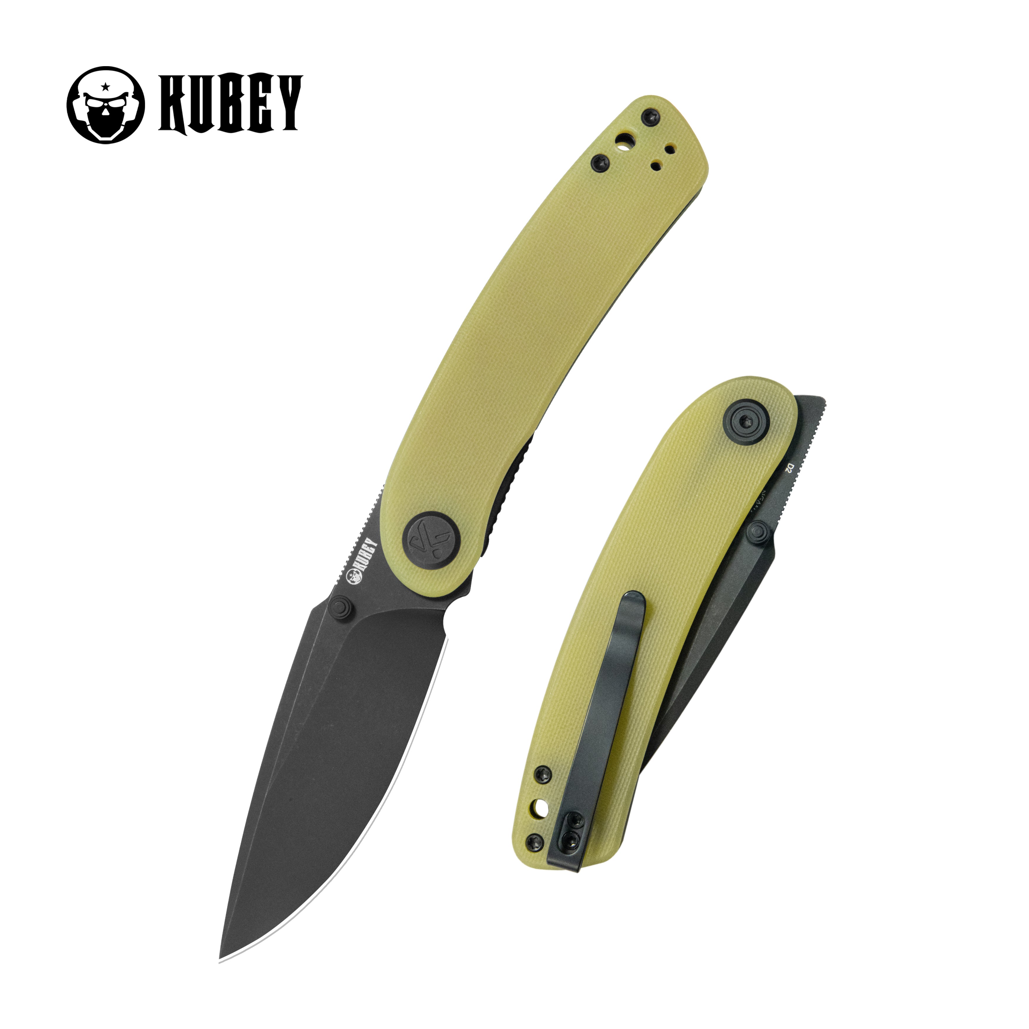 Kubey Momentum Liner Lock Folding Knife Translucent Yellow G10 Handle 3.43" Blackwash D2 KU344O