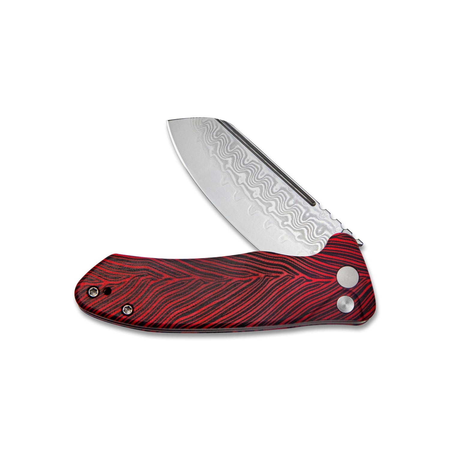 Creon Small Pocket Knife with Button Lock Red Black G10 Handle 2.87" Damascus Steel KU336B