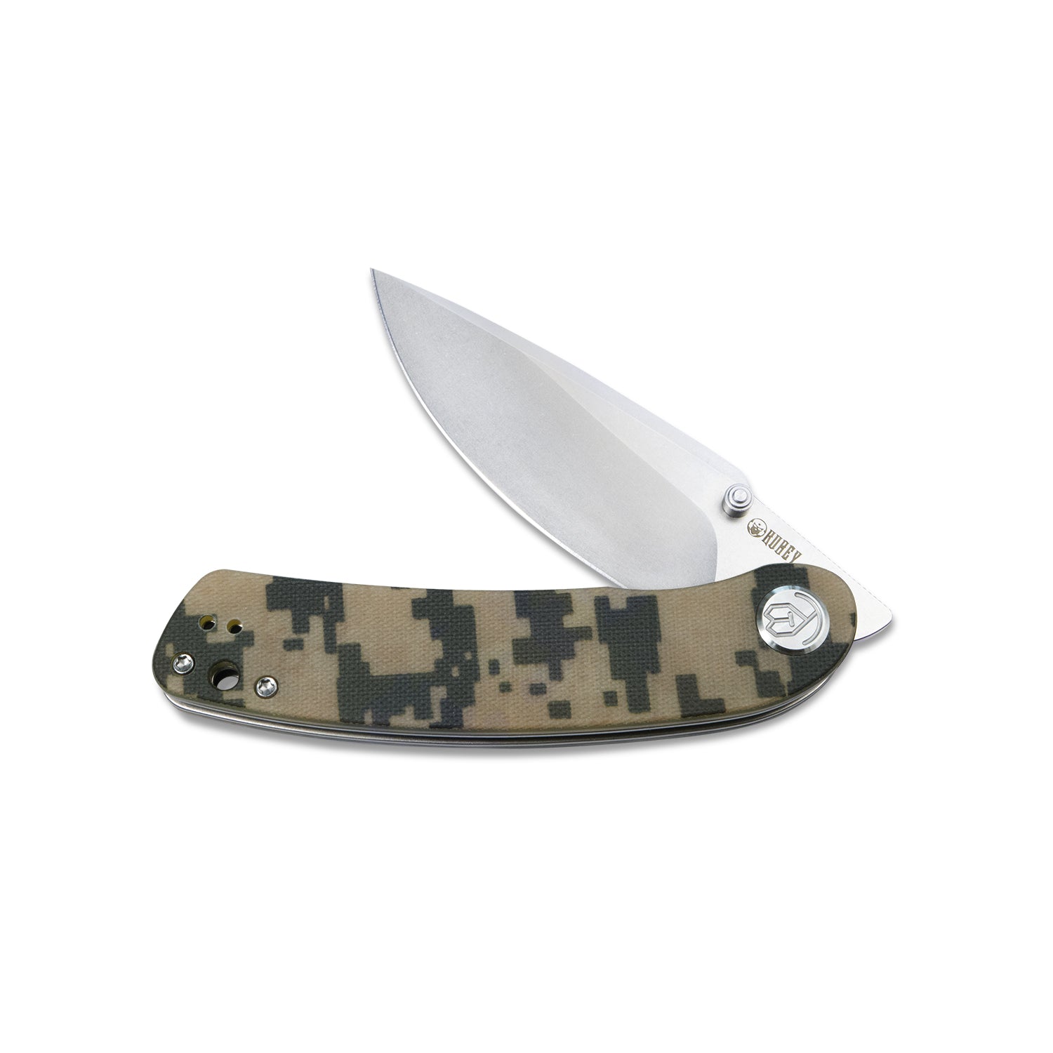 Momentum Sherif Manganas Design Liner Lock Front Flipper / Dual Studs Open Folding Knife Camo G10 Handle 3.43" Bead Blasted D2 KU344D