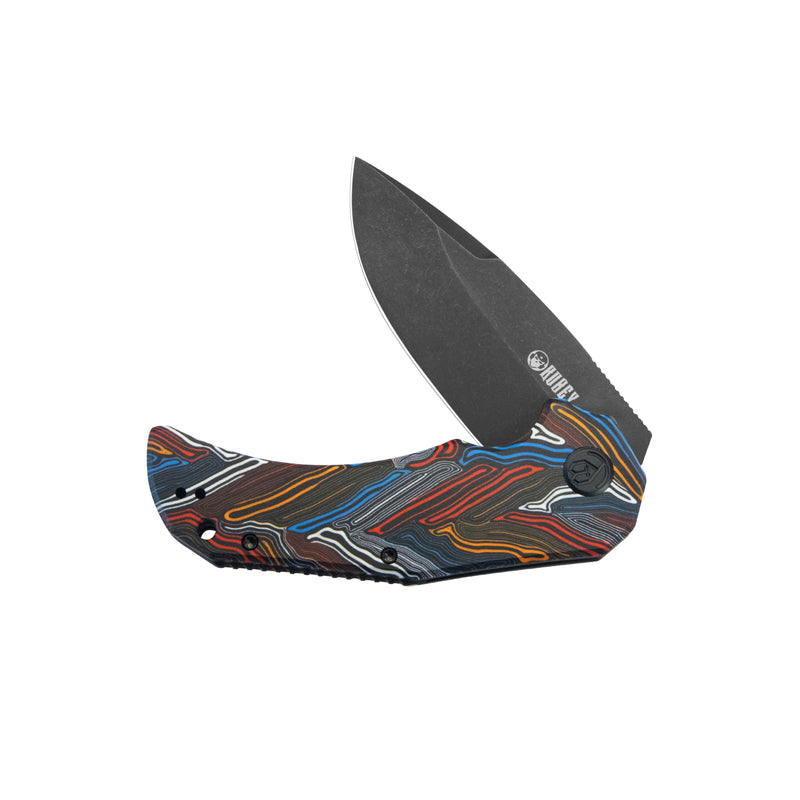 Mikkel Willumsen Design Bravo one Drop Point Outdoor Folding Camping Knife Damascus Pattern Colorful G10 Handle 3.39" Blackwash AUS-10 KU319F