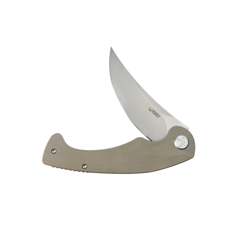 Scimitar Liner Lock Folding Knife Tan G10 Handle 3.46" Bead Blast 14C28N KU173M