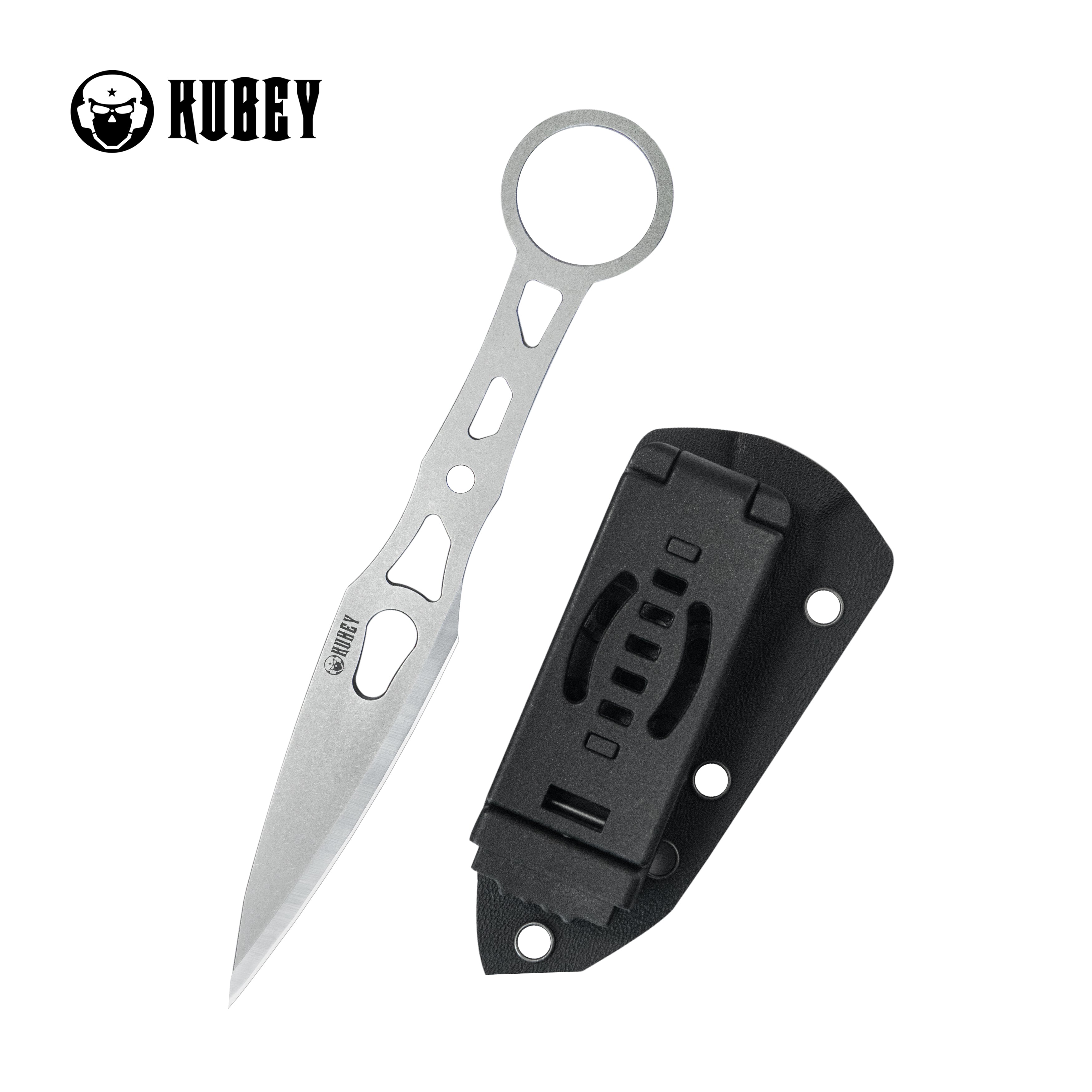 Kubey Kunai Fixed Blade Knife Skeletonized Handle 3.23'' Stonewashed Sandvik 14C28N KU401