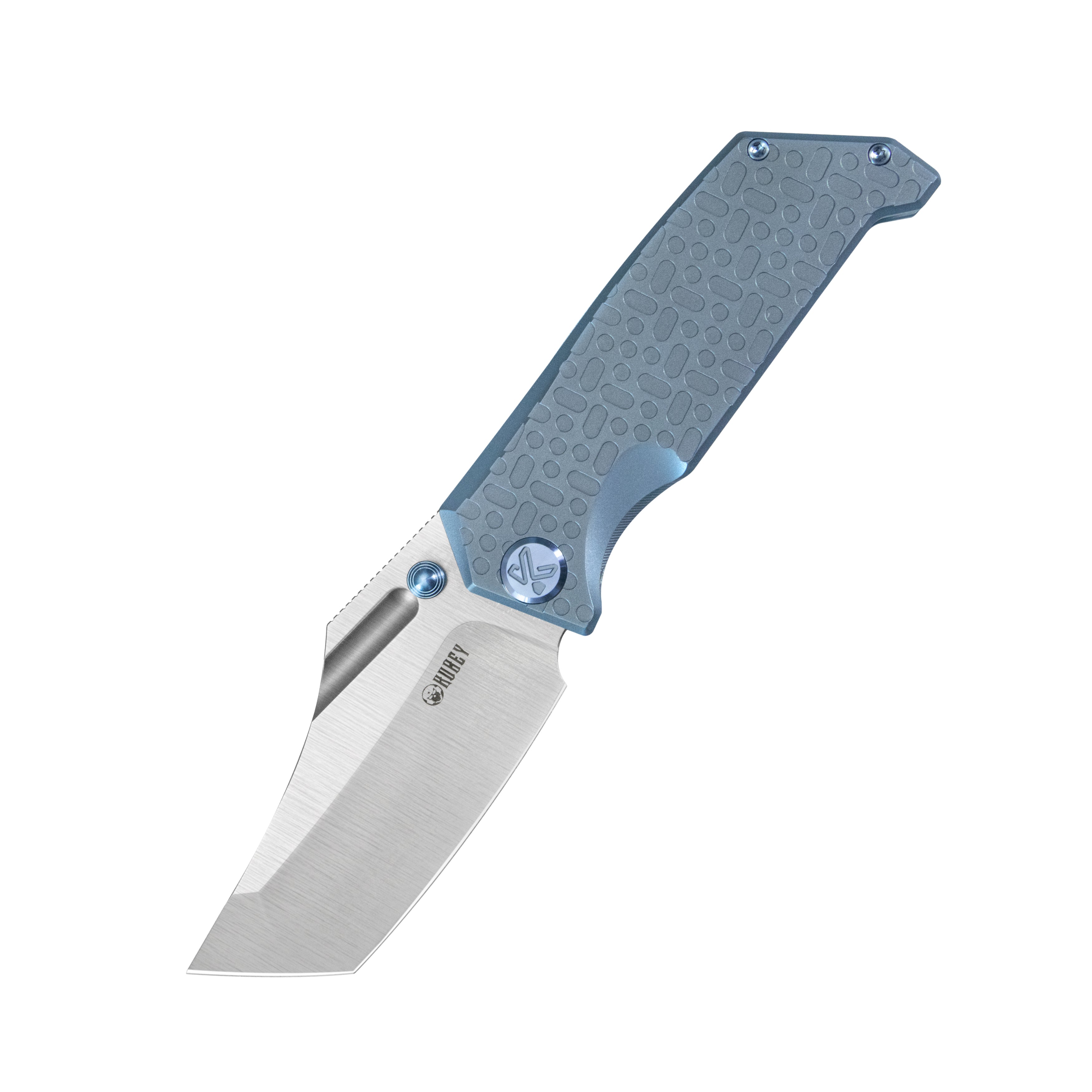 Kubey Hamster Frame Lock Folding Knife Blue Titanium Handle 3.46" Satin 14C28N Blade KU402B