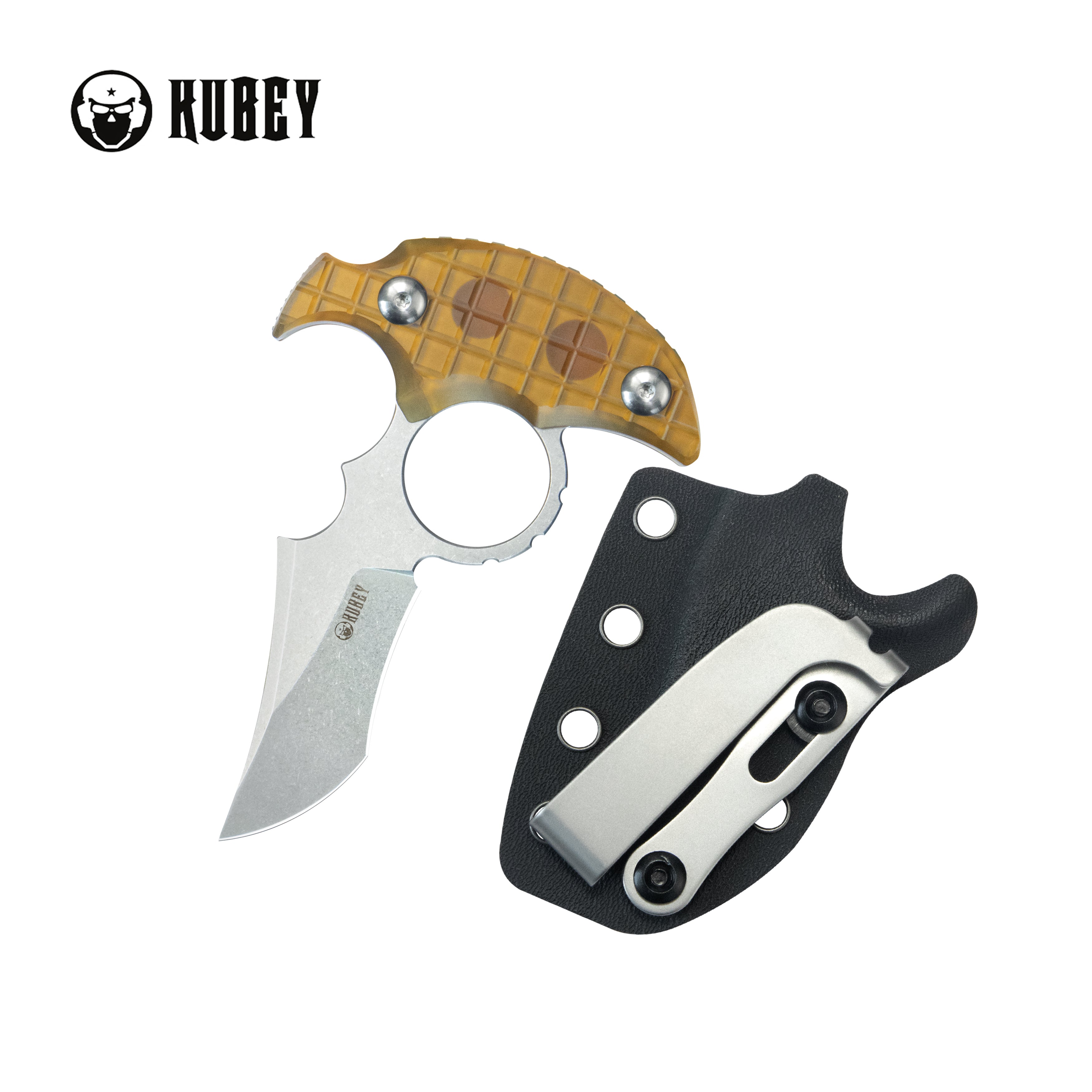 Kubey Stheno Fixed Blade Knife Amber Ultem Handle 2.95'' Stonewash 14C28N Blade KU404F