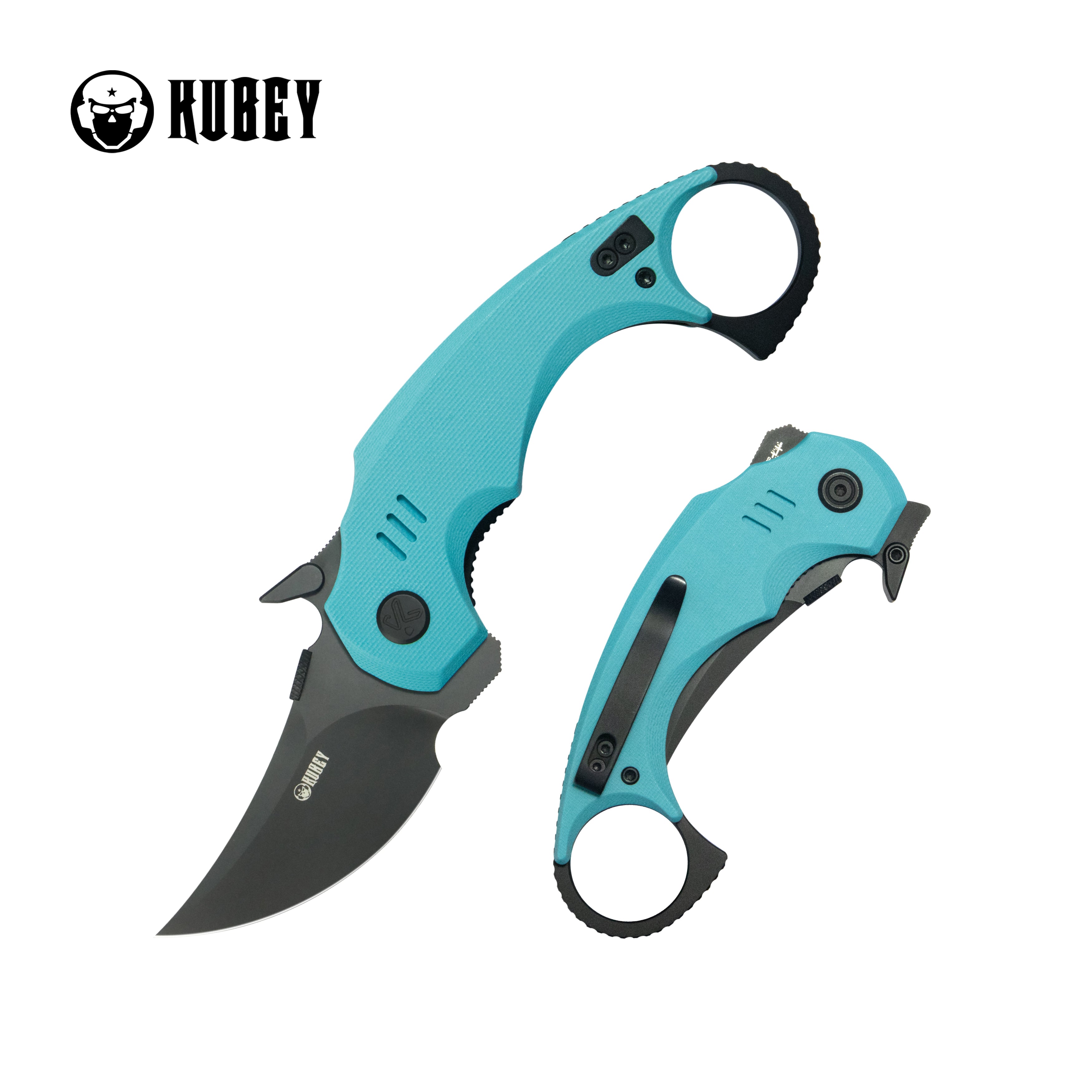 Kubey Jaw Pikal Karambit Folding Knife Tiffany Blue G-10 Handle 2.52" Blackwash 14C28N Blade KU440D