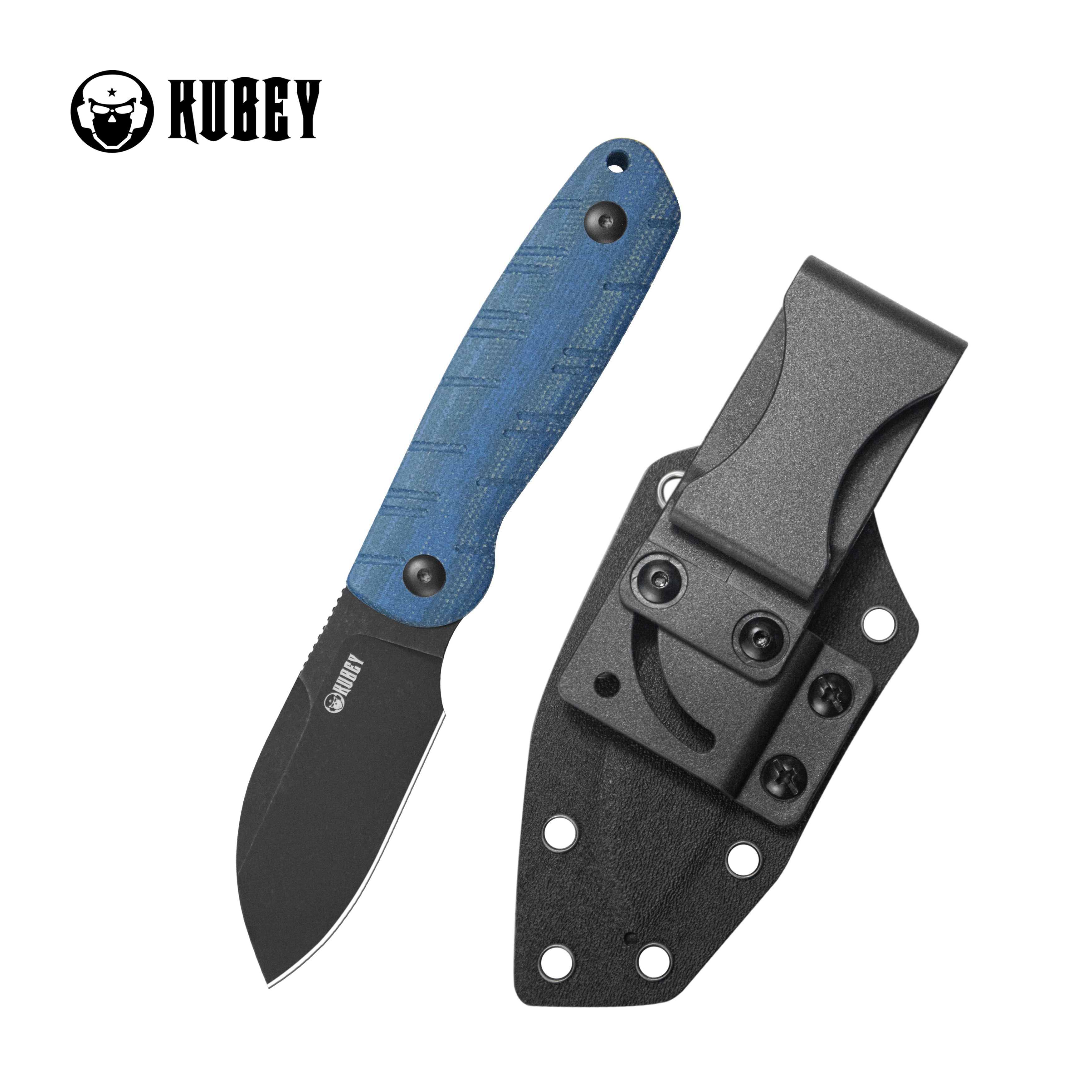 Kubey Microburst Fixed Blade Knife Blue Micarta Handle 2.95" Blackwash 14C28N Blade KU455C