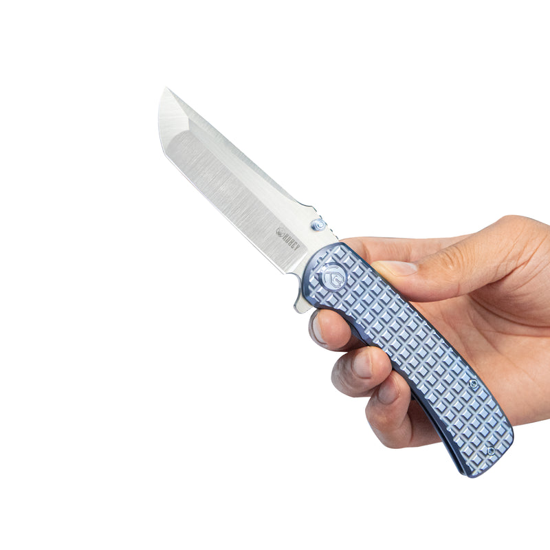 Interflow Tactical Folding Knife Flipper Folder Blue Titanium Handle 3.50" Belt Satin Bohler M390 Blade KB294B