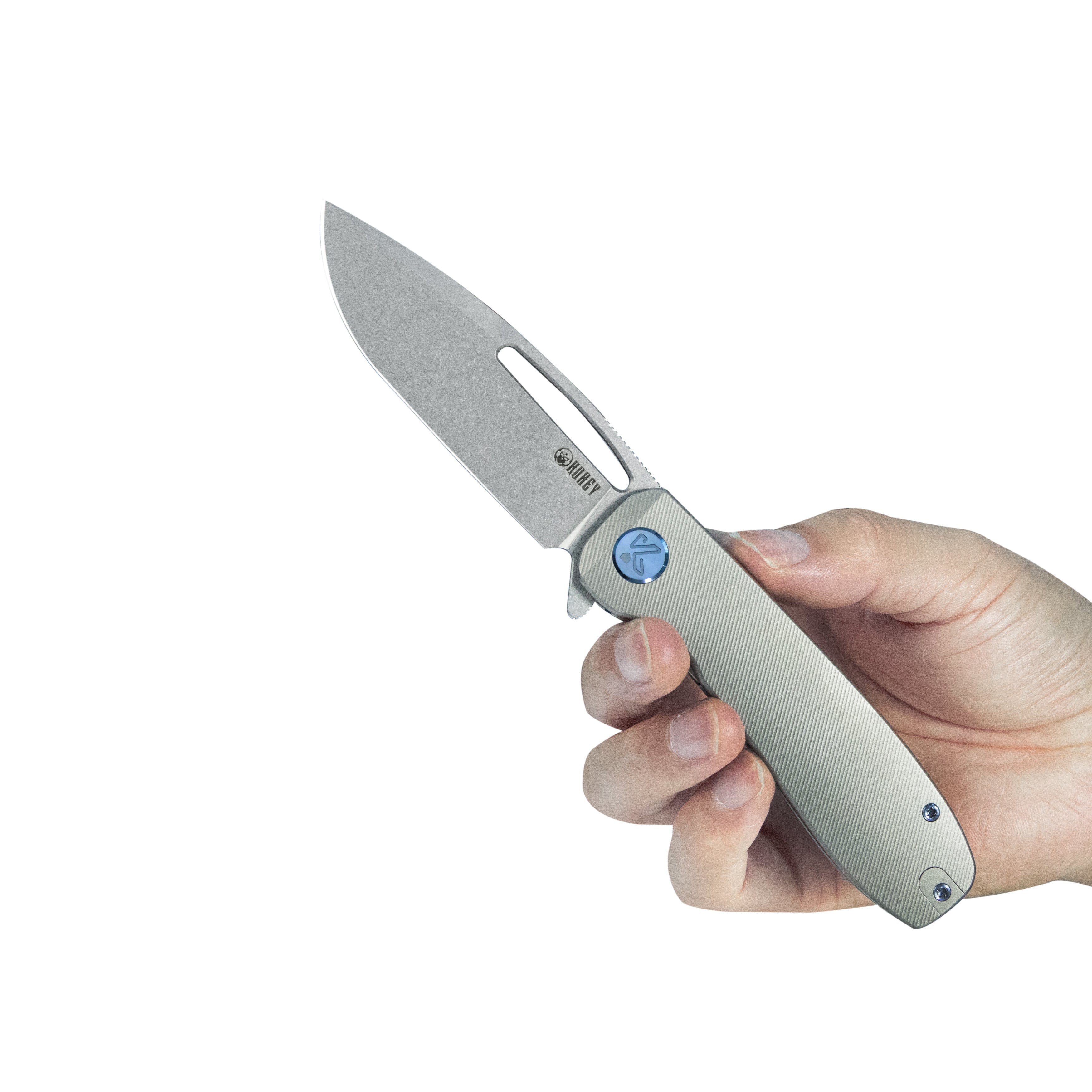 Kubey Supercell Pocket Knife Grey Titanium Handle 3.46" Stonewash 14C28N Blade KU353A